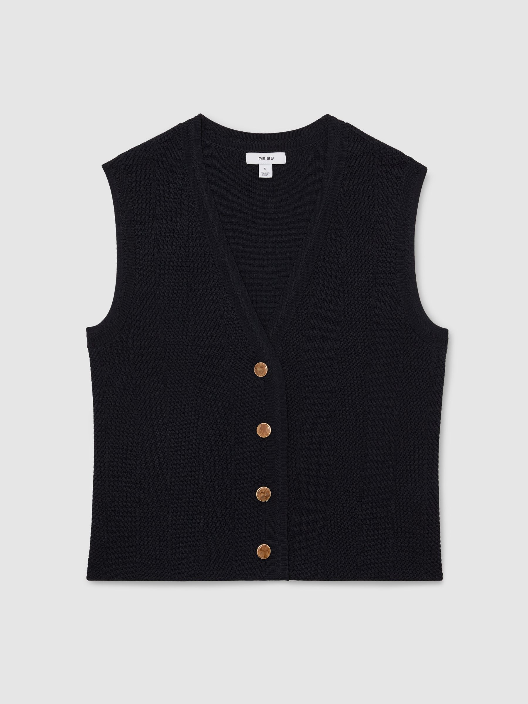 Textured-Knit Button-Through Waistcoat in Navy