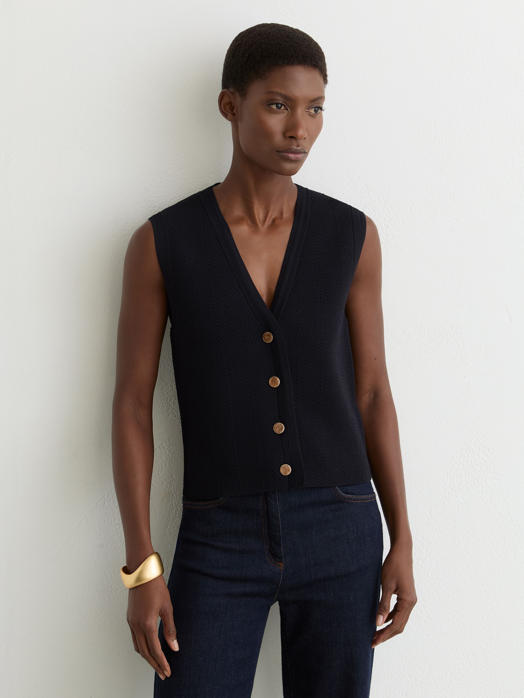Textured-Knit Button-Through Waistcoat in Navy - Image 3 of 6
