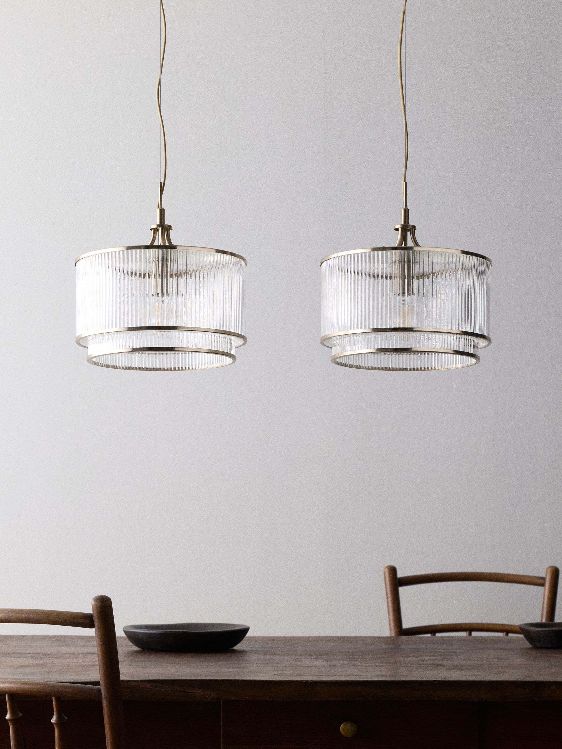 The Set 2 Pack Brass Ribbed Glass Pendant Ceiling Lights - Image 2 of 5 The Set 2 Pack Brass Ribbed Glass Pendant Ceiling Lights - Image 2 of 5