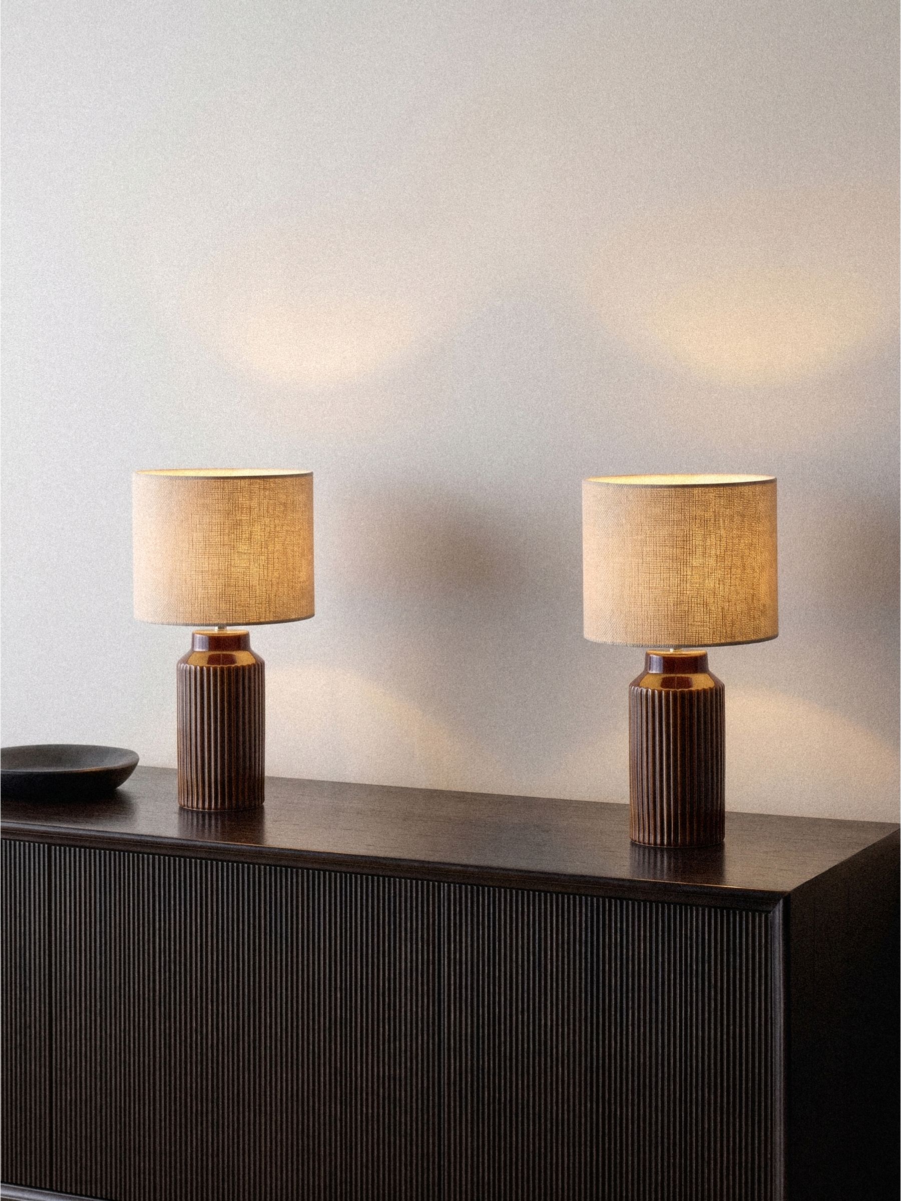 The Set Set of 2 Brown/Cream Ribbed Ceramic Table Lamps - Image 1 of 3