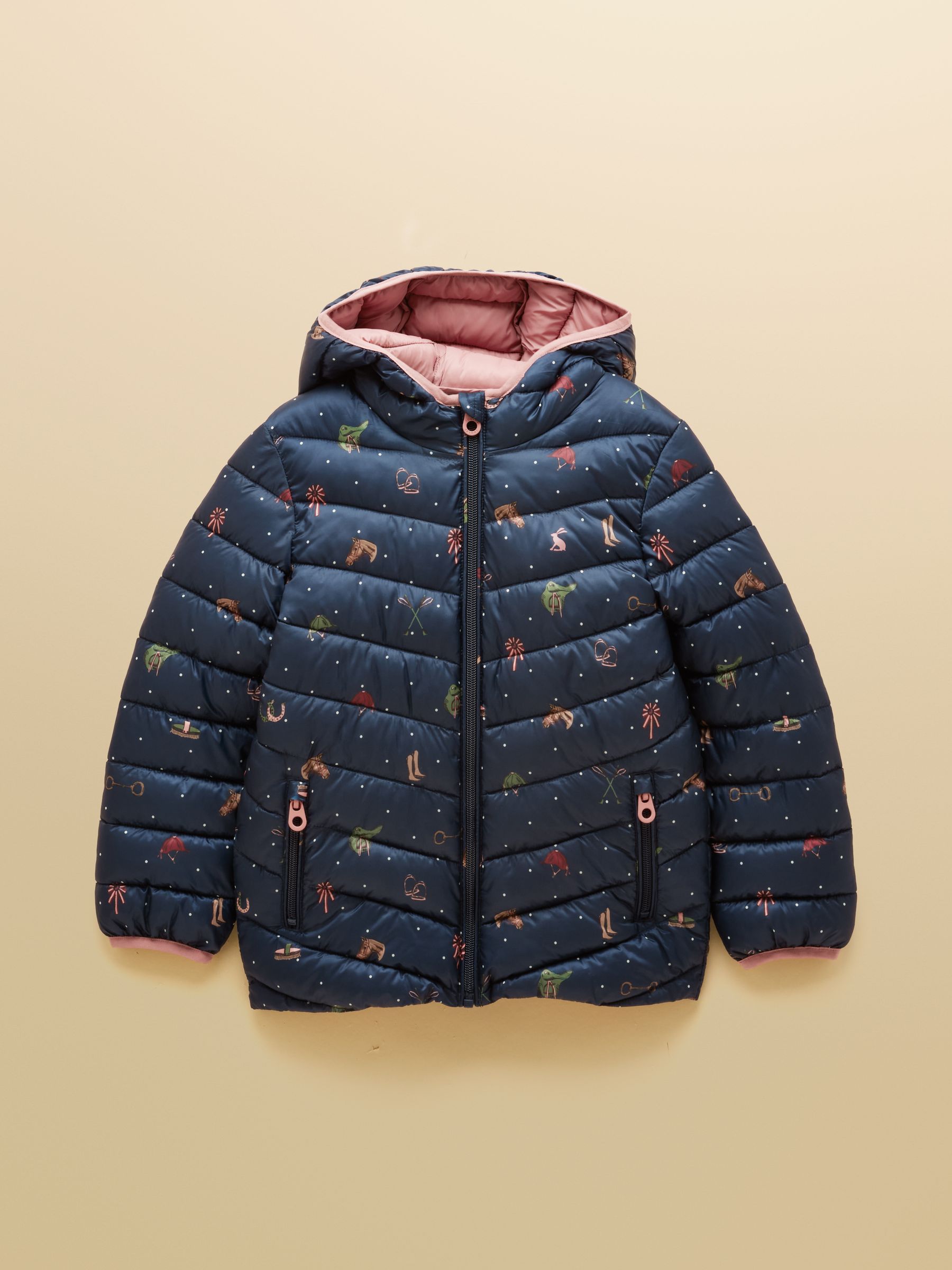 Kids' Cairn Navy Horse Showerproof Padded Coat with Hood - Image 1 of 5