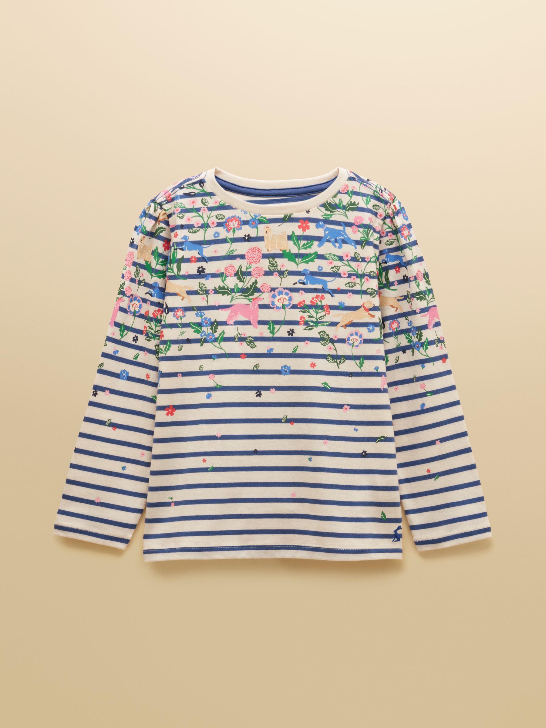 Girls' Ava Cream & Blue Striped Long Sleeve Printed Cotton Top - Image 1 of 5