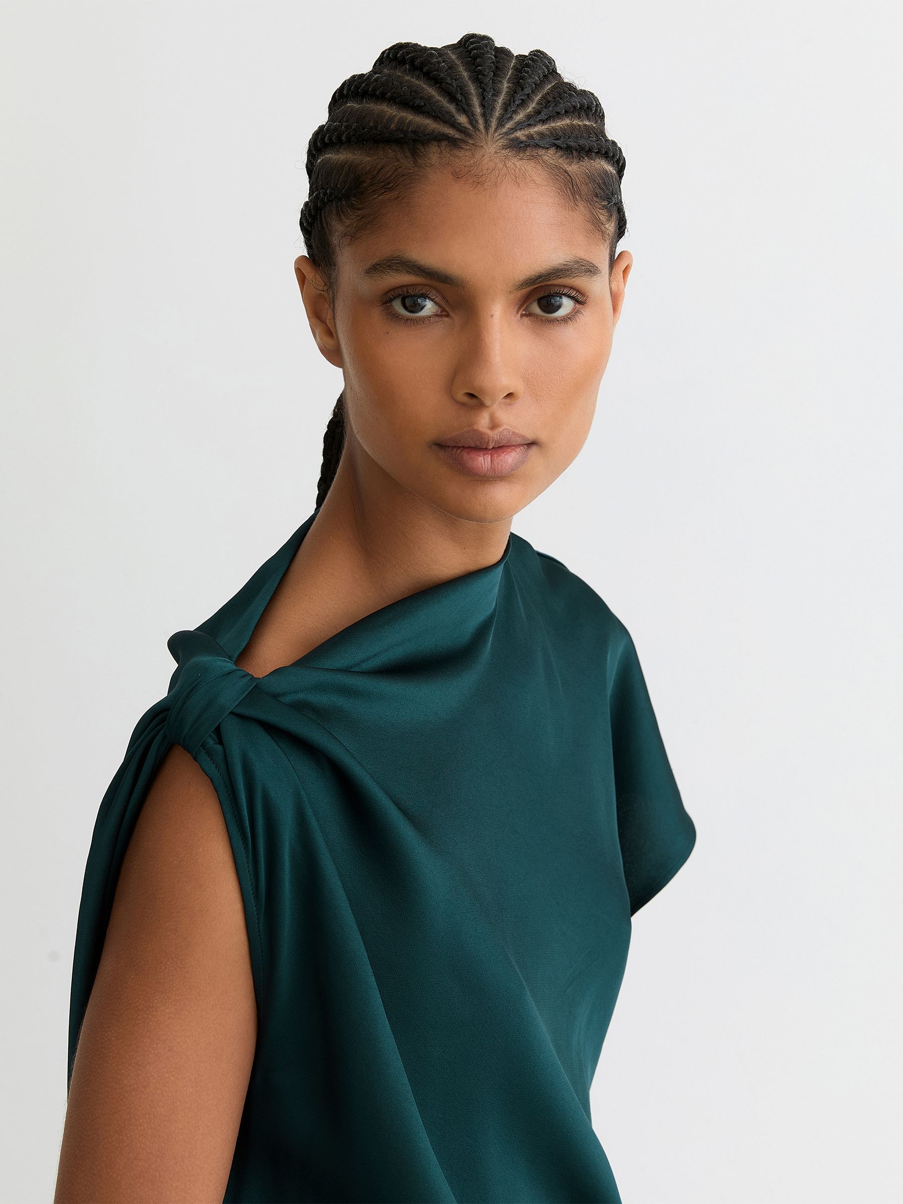 Satin Asymmetric Draped Midi Dress in Teal Green - image 5