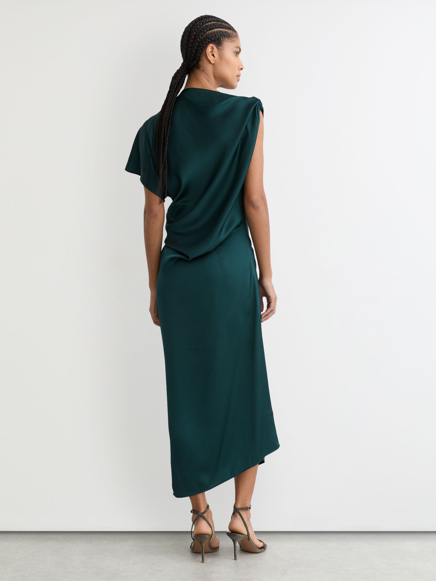 Satin Asymmetric Draped Midi Dress in Teal Green - image 4