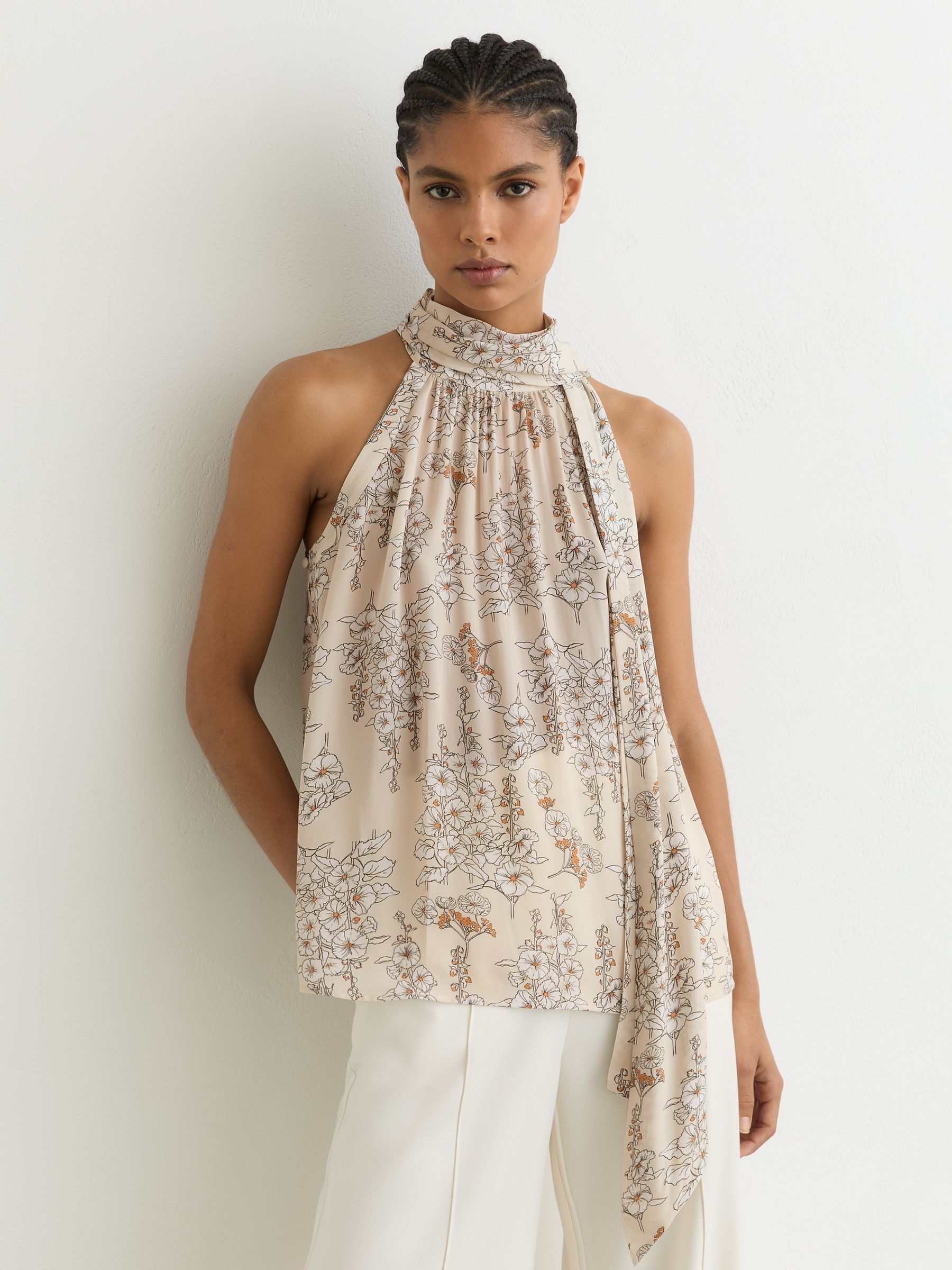 Floral-Print Scarf-Neck Top in Cream - Image 1 of 7