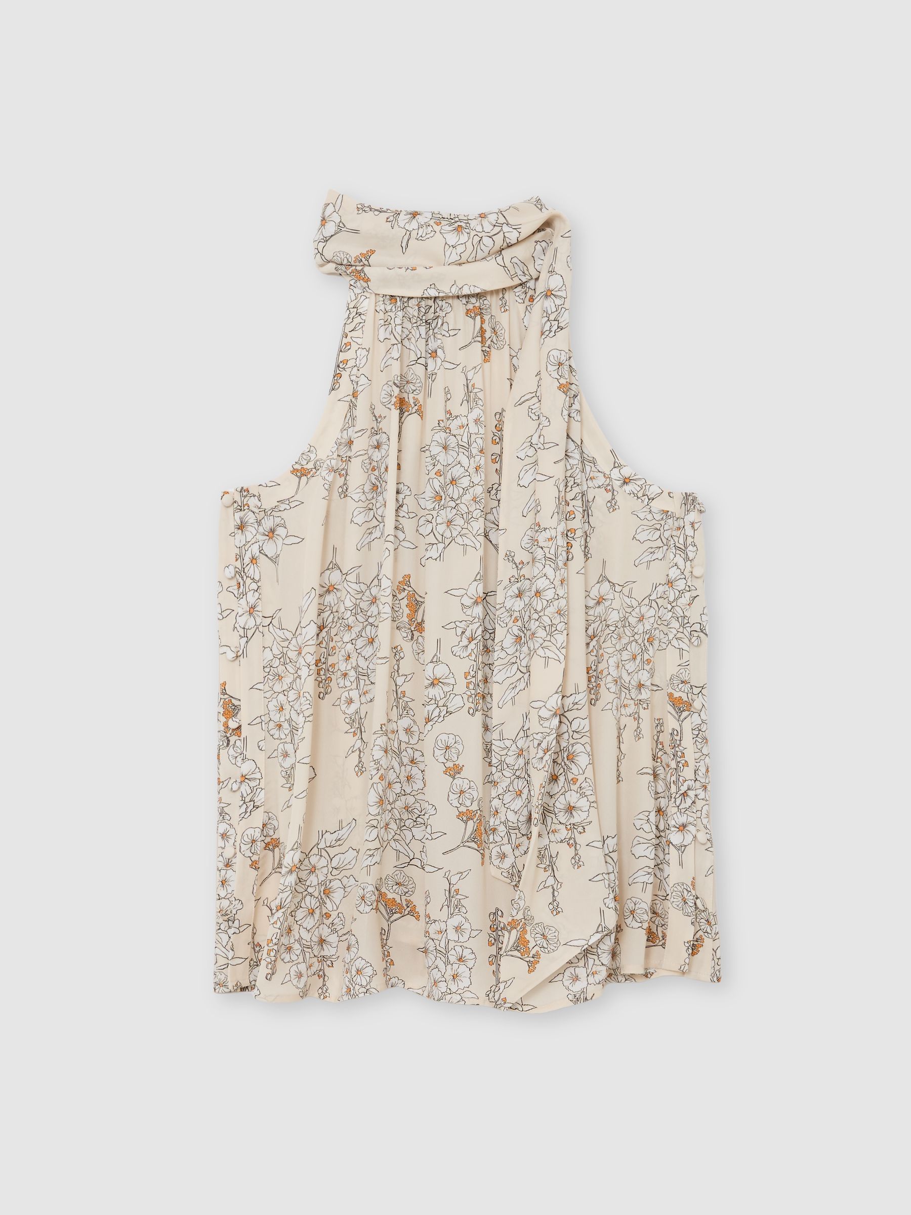 Floral-Print Scarf-Neck Top in Cream