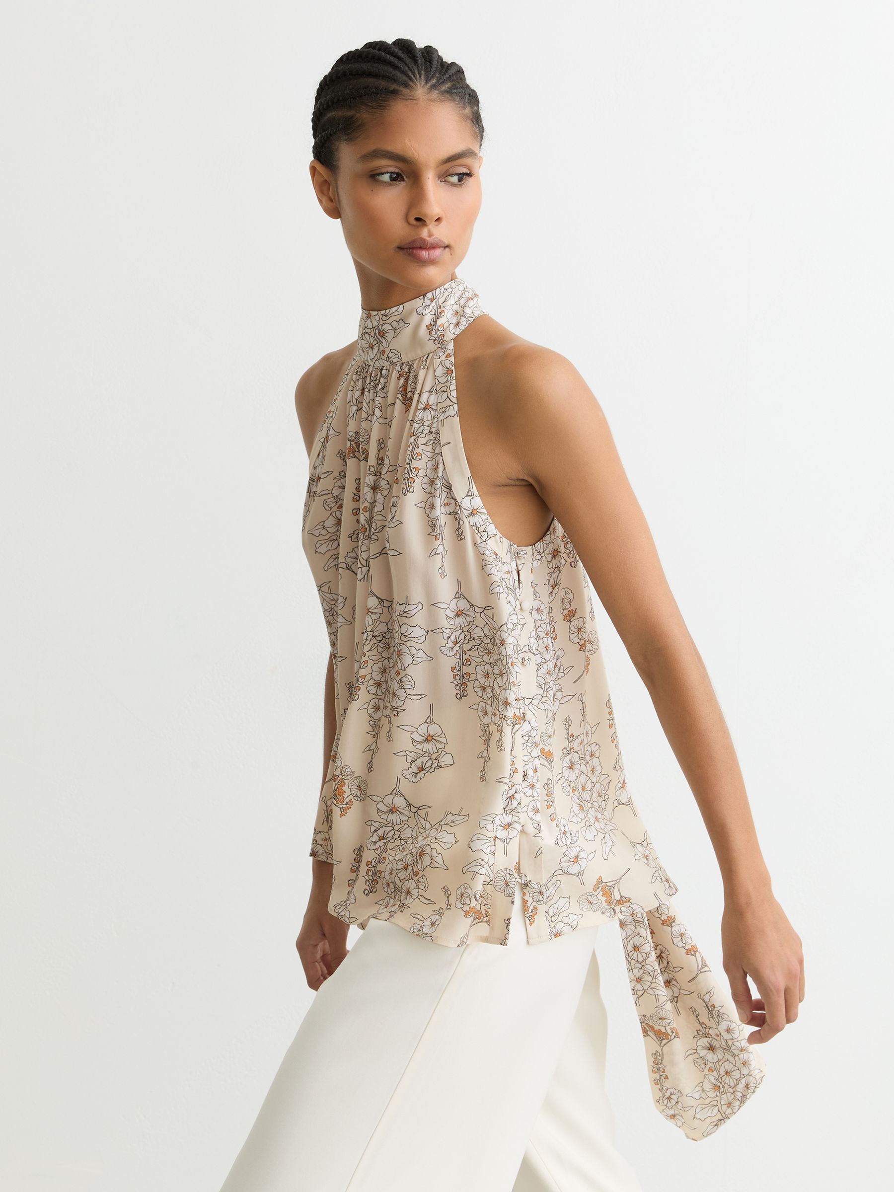 Floral-Print Scarf-Neck Top in Cream - Image 4 of 7