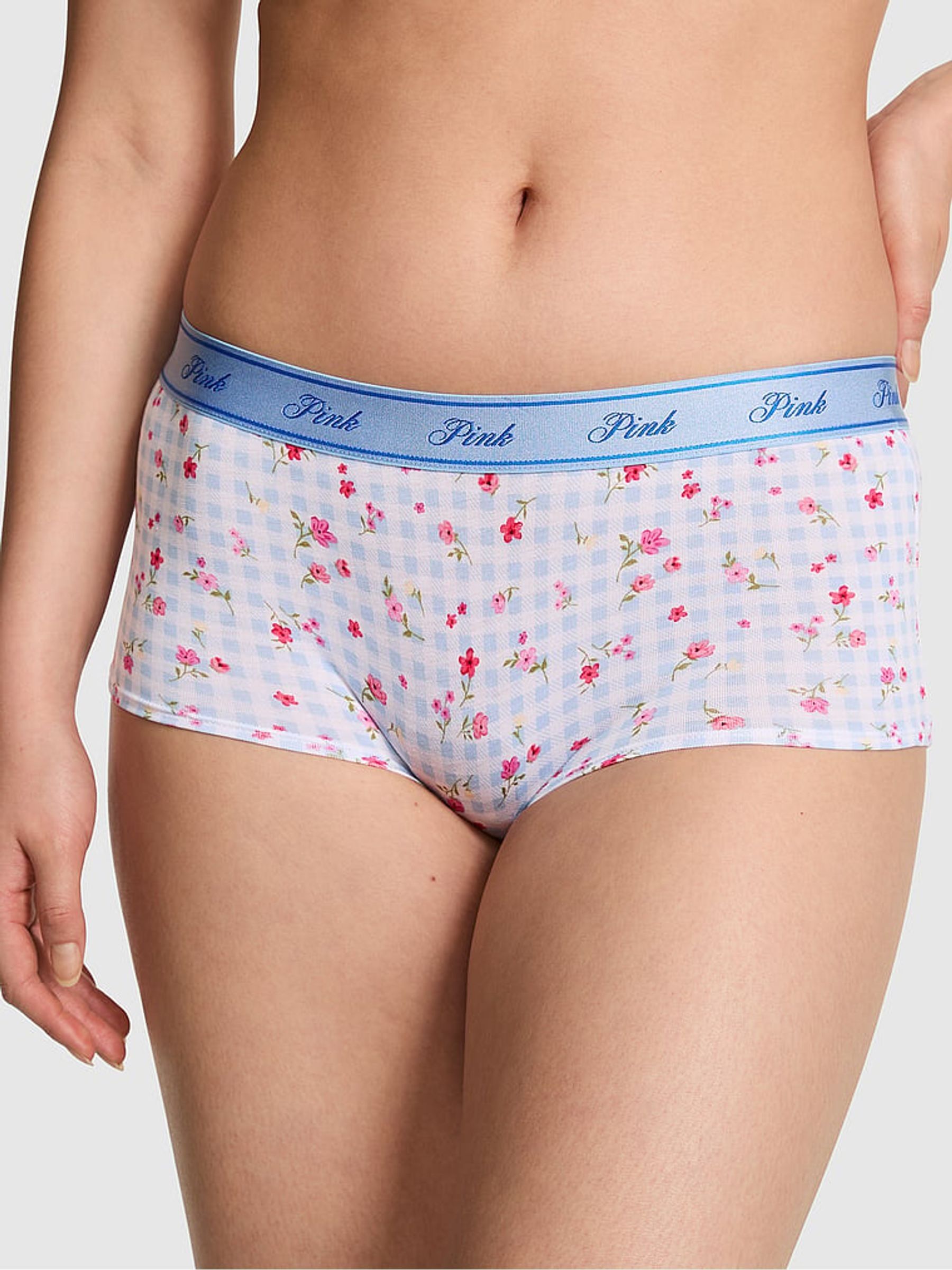 Blue Gingham Floral Print Boyshort Cotton Logo Knickers - Image 1 of 2