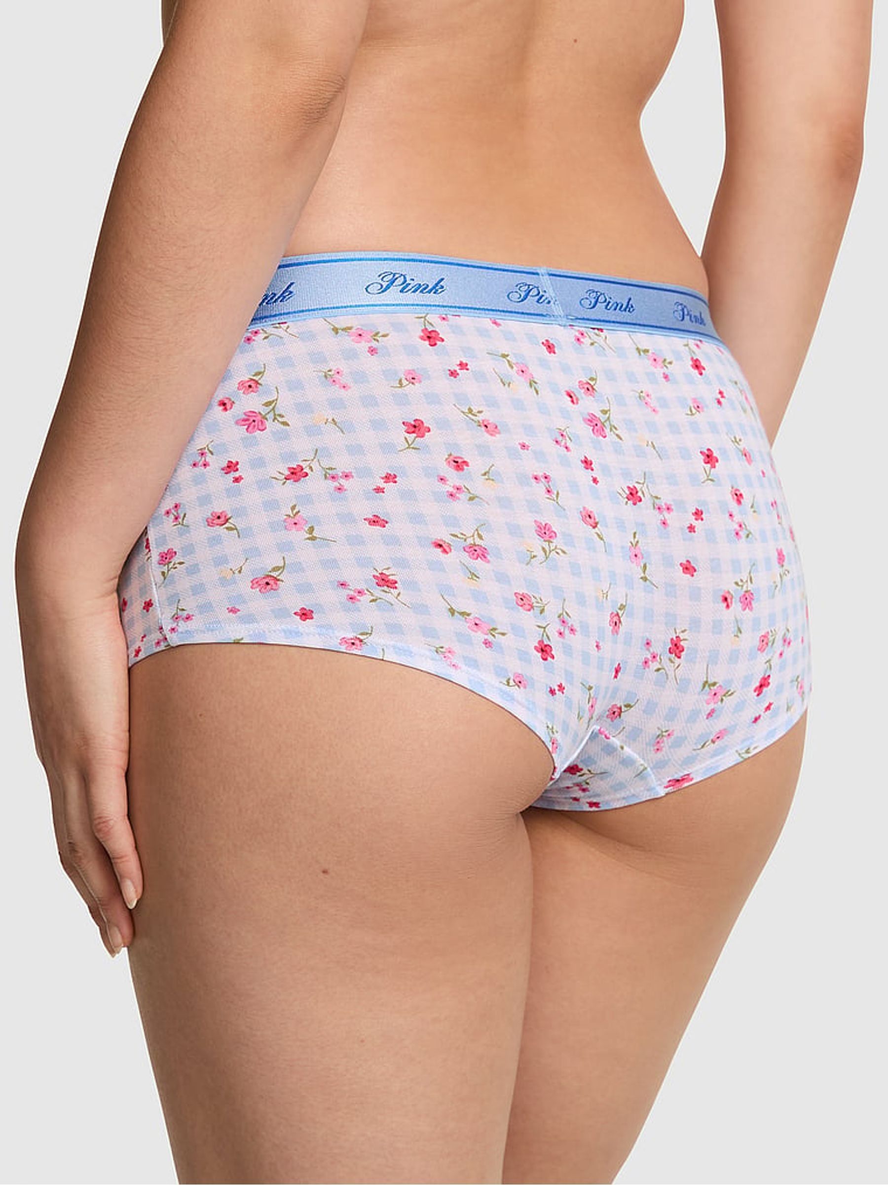 Blue Gingham Floral Print Boyshort Cotton Logo Knickers - Image 2 of 2