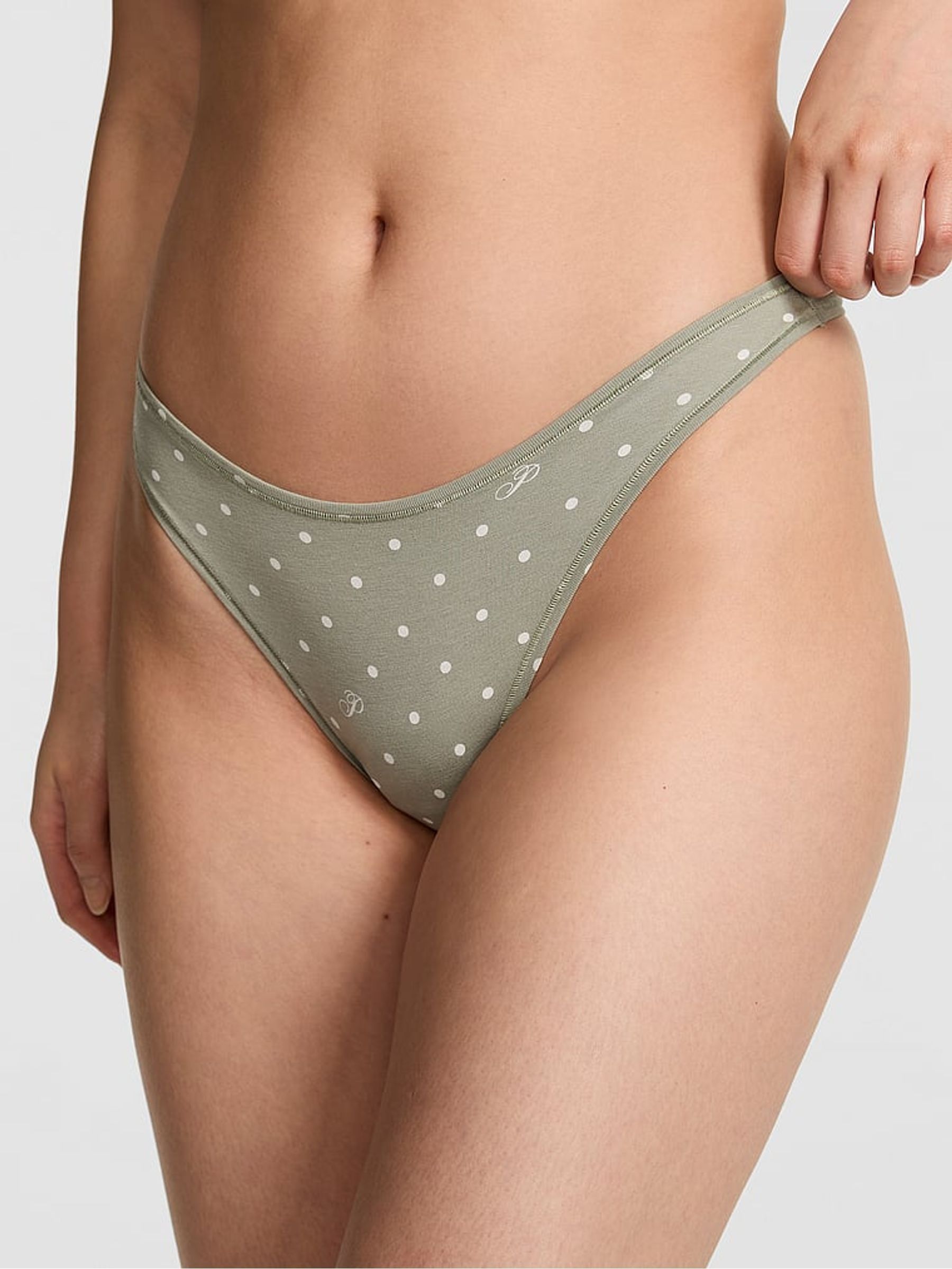 Slate Green Dot Print Thong Cotton Knickers - Image 1 of 2