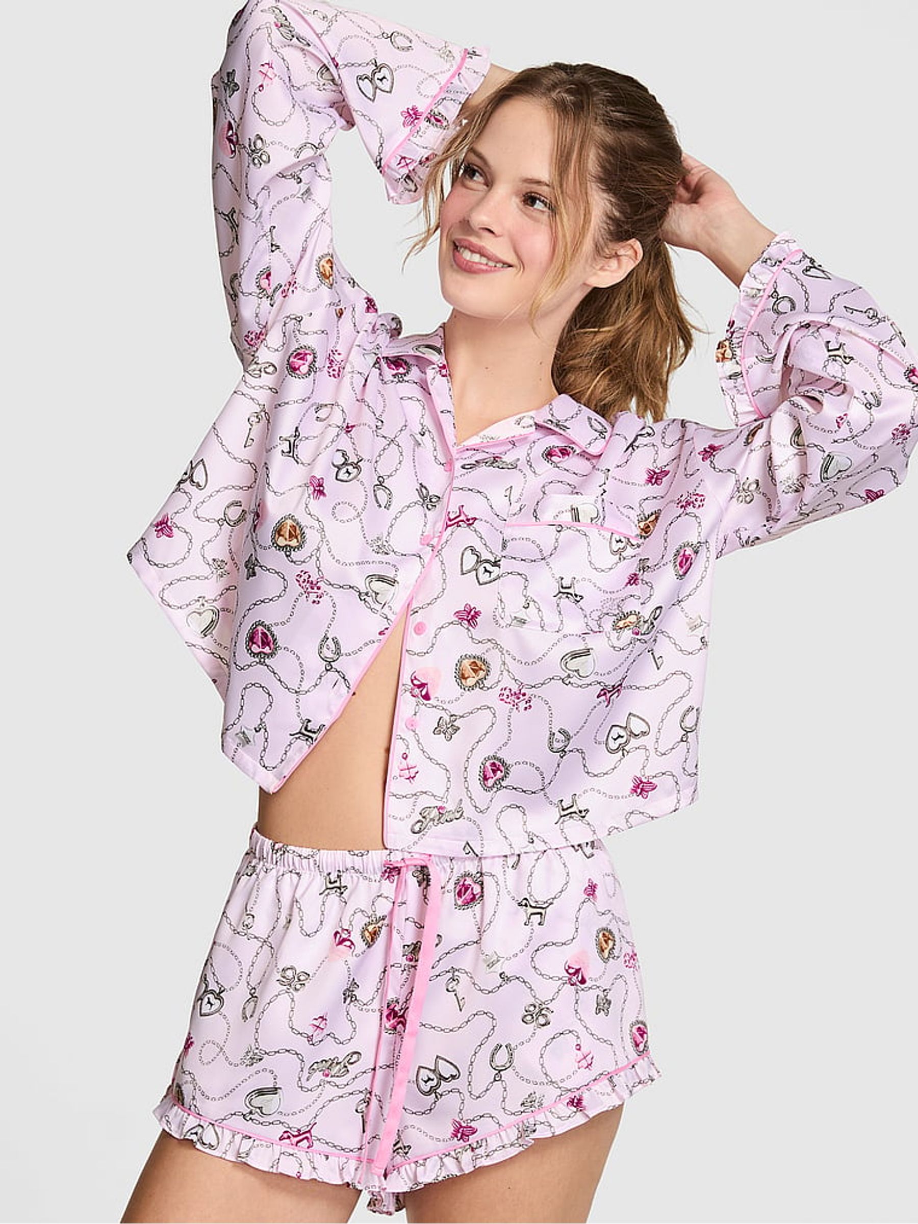 Pink Locket Print Satin Long Sleeve Short Pyjama Set - Image 1 of 2
