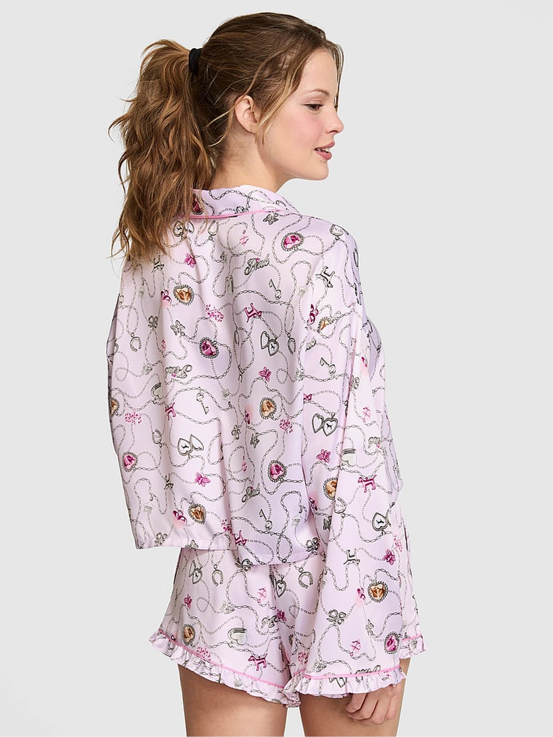 Pink Locket Print Satin Long Sleeve Short Pyjama Set - Image 2 of 2