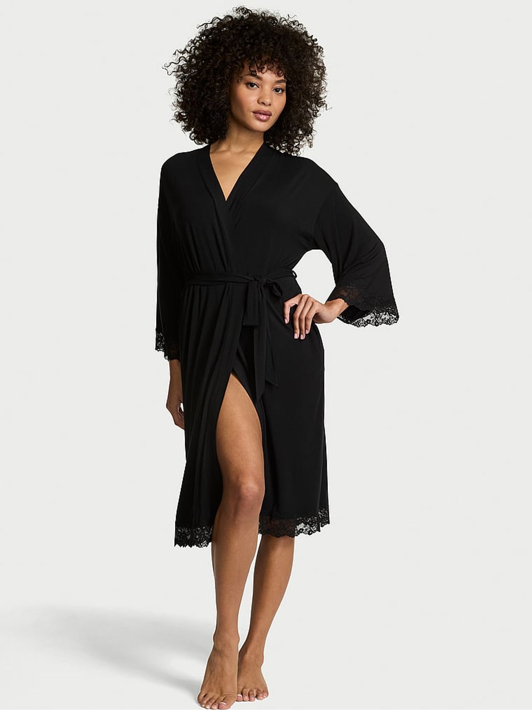 Black Modal Lace Trim Robe - Image 1 of 2