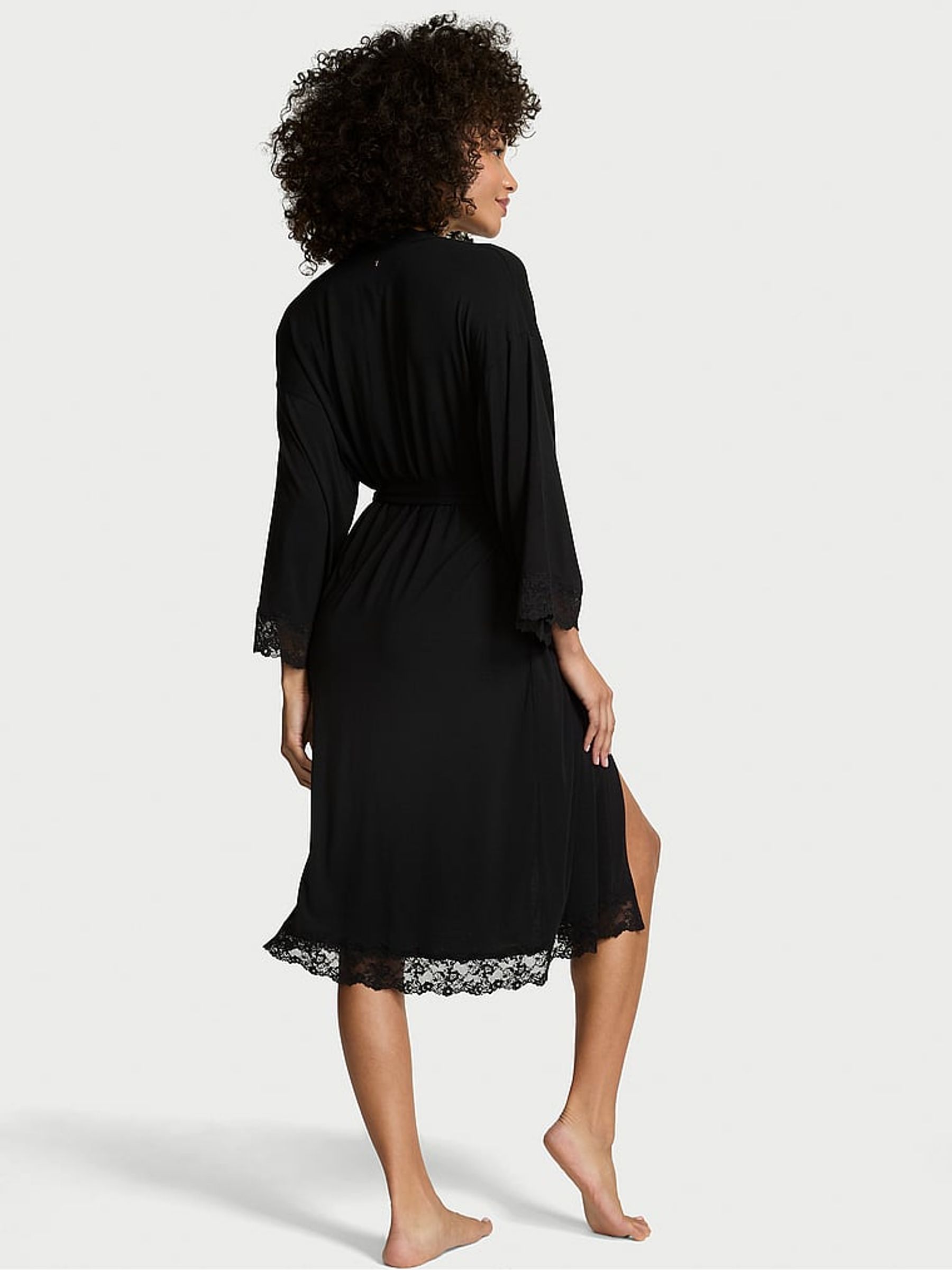Black Modal Lace Trim Robe - Image 2 of 2 Black Modal Lace Trim Robe - Image 2 of 2