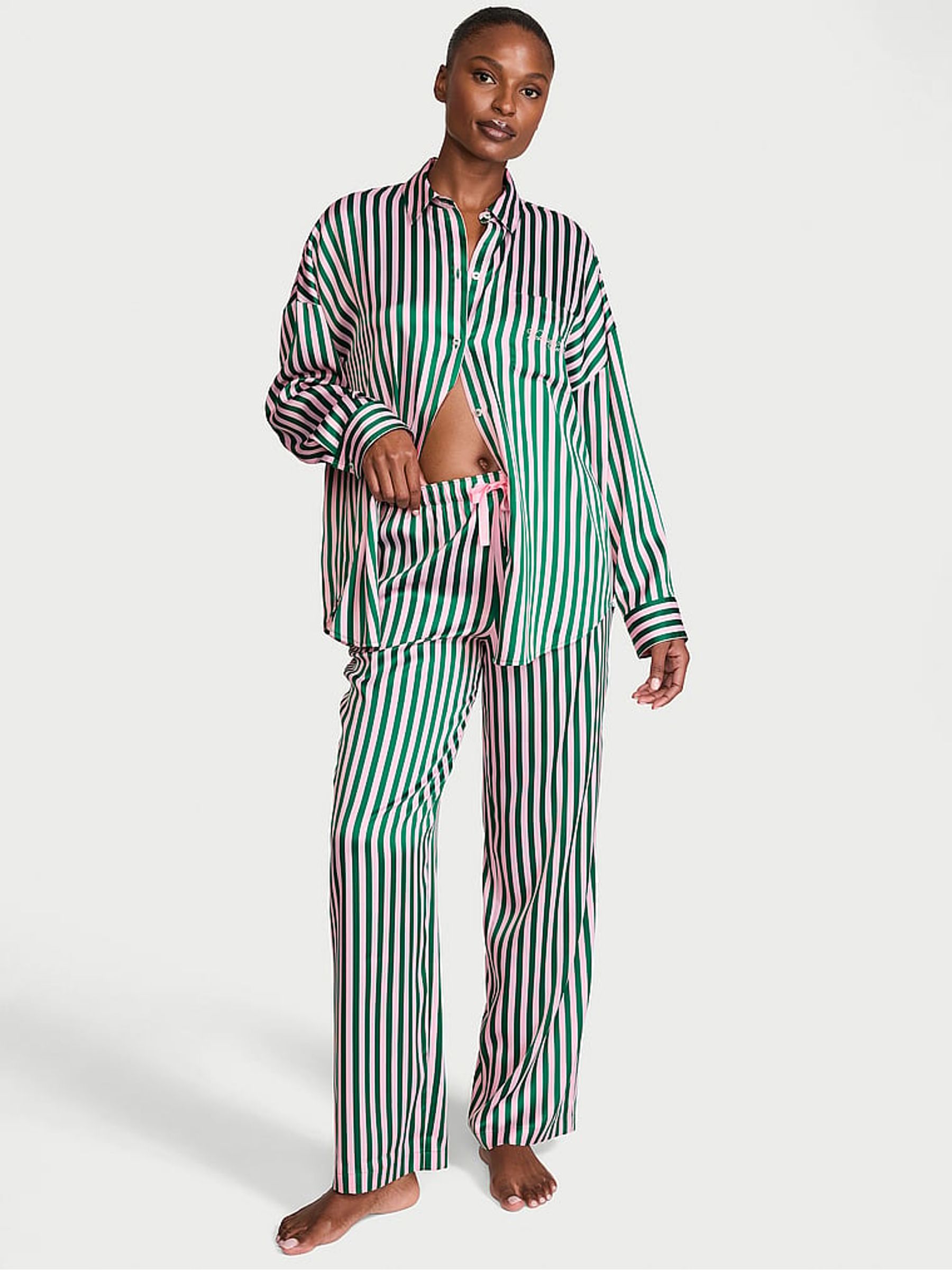 Green & Pretty Blossom Pink Stripe Oversized Satin Long Pyjama Set - Image 1 of 2