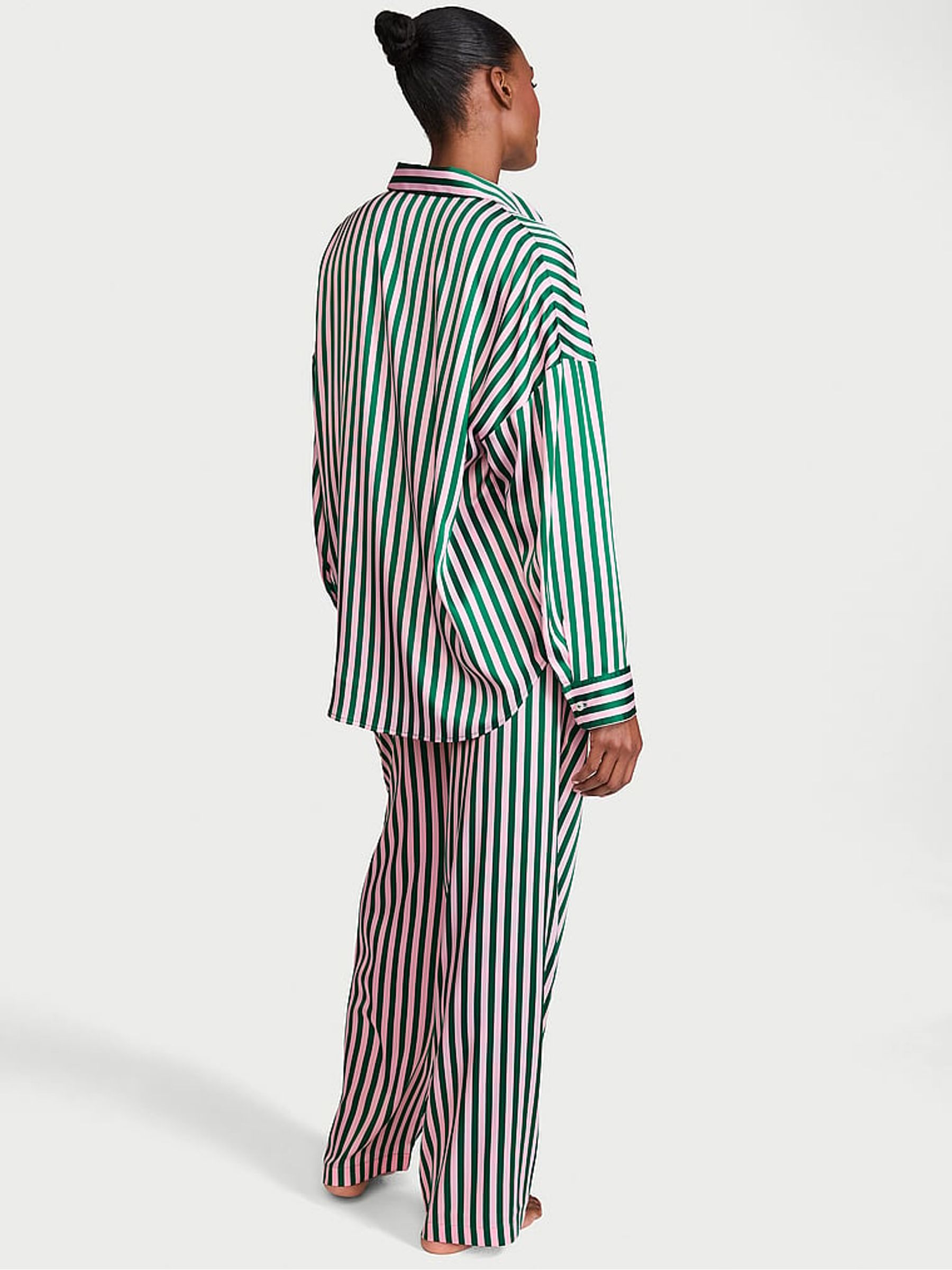 Green & Pretty Blossom Pink Stripe Oversized Satin Long Pyjama Set - Image 2 of 2