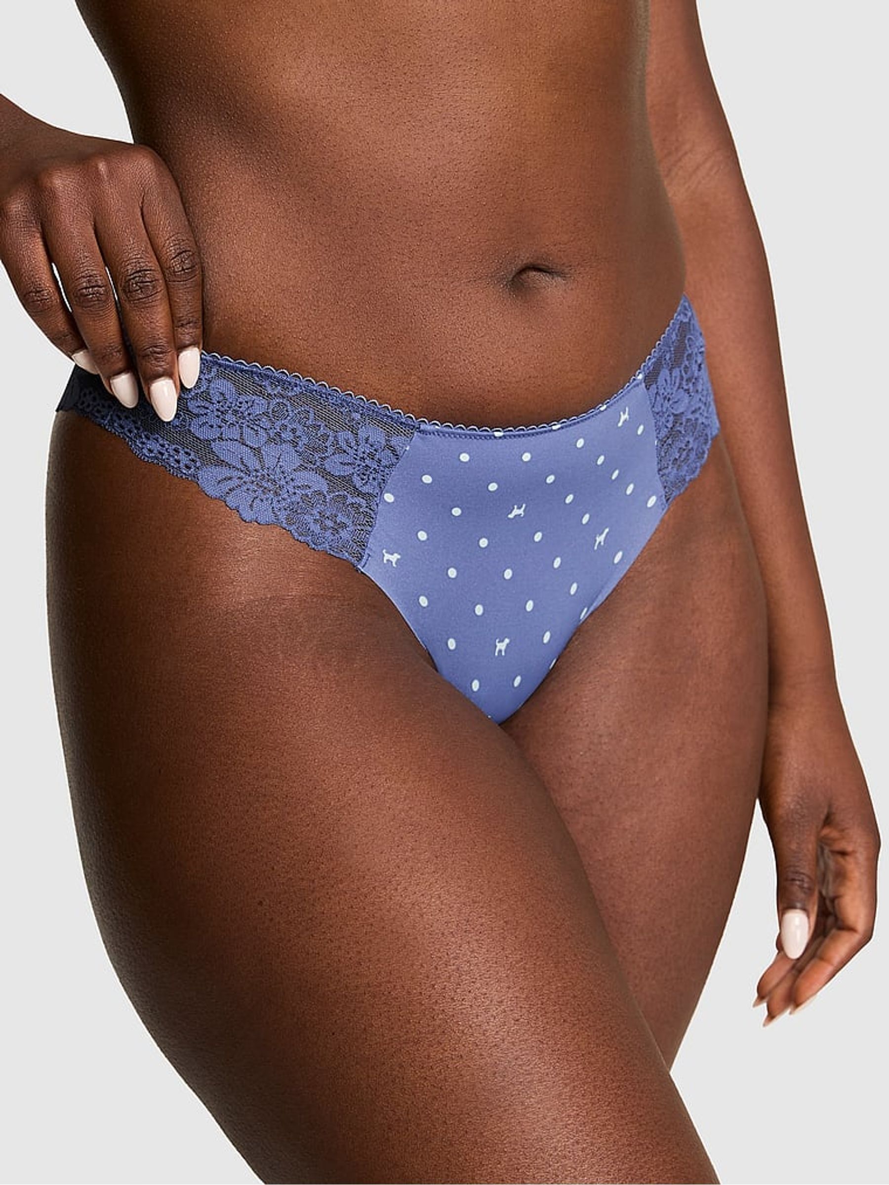 Dusty Iris Blue Dog Print Thong No Show Lace Trim Knicker - Image 1 of 2