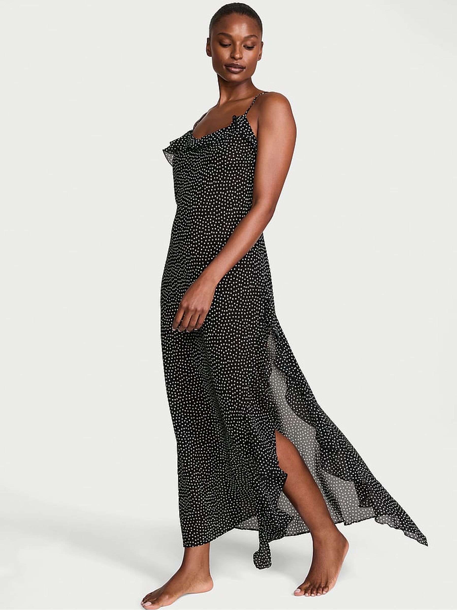 Black Chiffon Polka Dot Flutter Maxi Slip Dress - Image 1 of 3