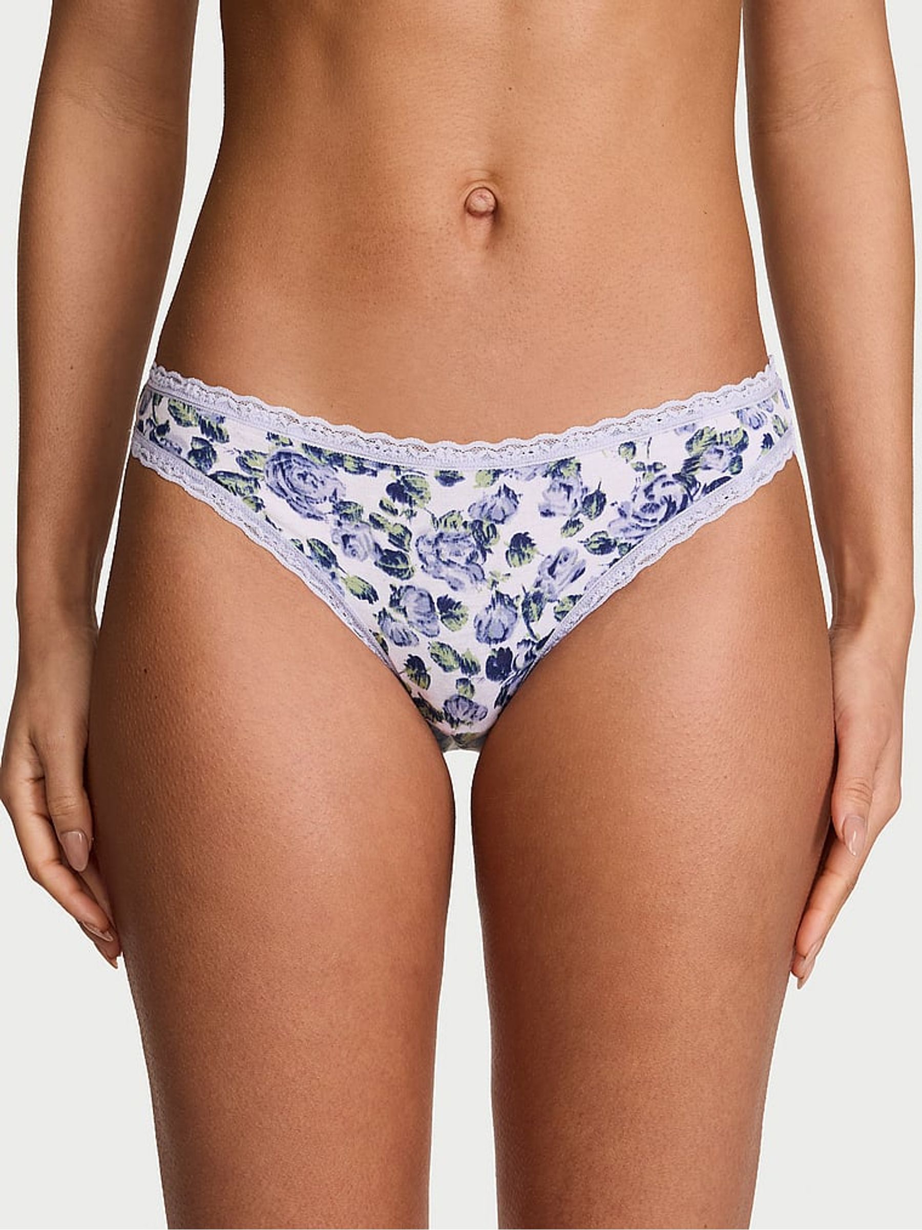 Icy Lavender Purple Floral Cotton Lace Trim Bikini Trim Knickers - Image 1 of 2