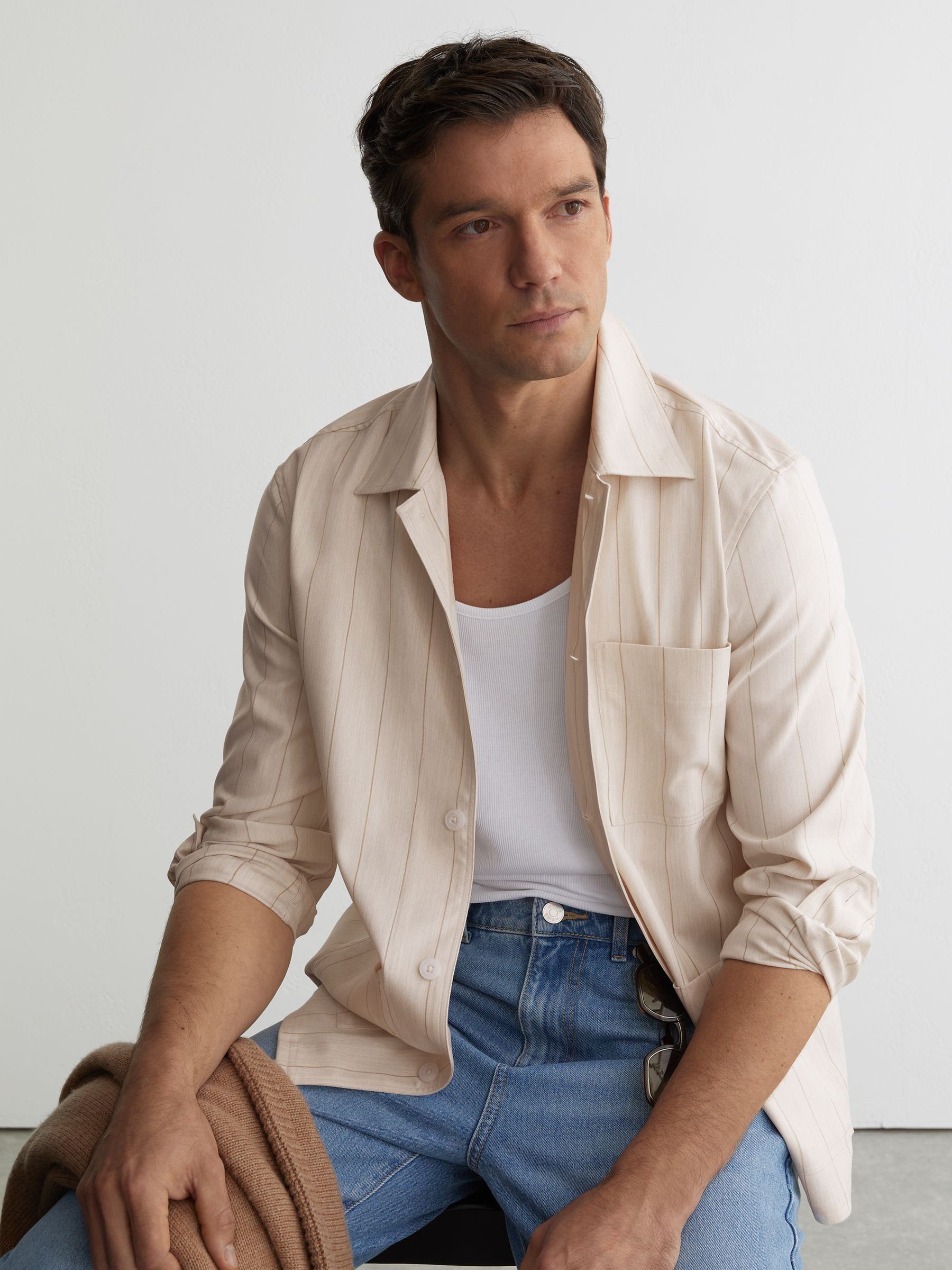 Pinstripe Button-Through Overshirt in Oatmeal - Image 1 of 7