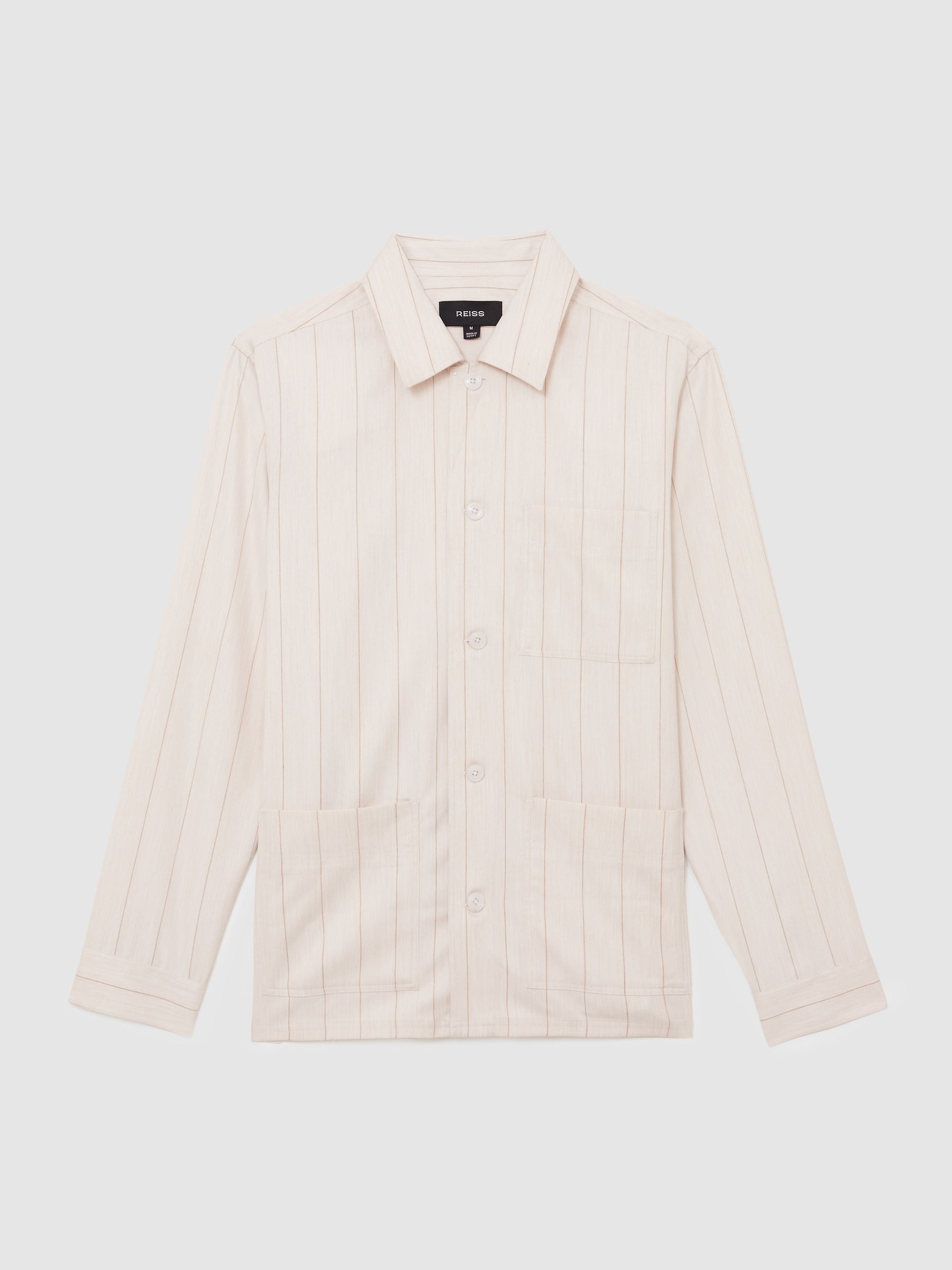 Pinstripe Button-Through Overshirt in Oatmeal - Image 2 of 7