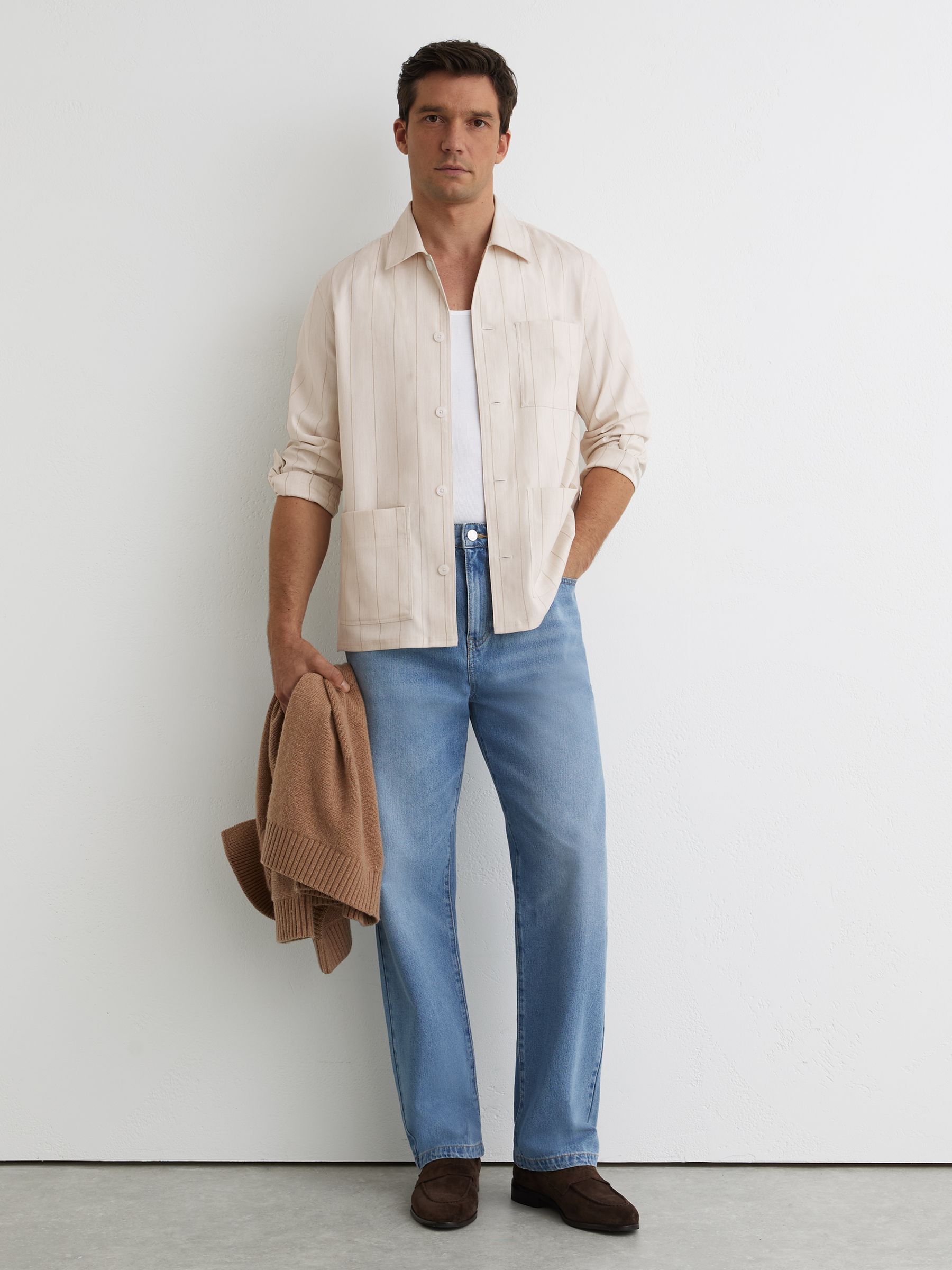 Pinstripe Button-Through Overshirt in Oatmeal - Image 3 of 7