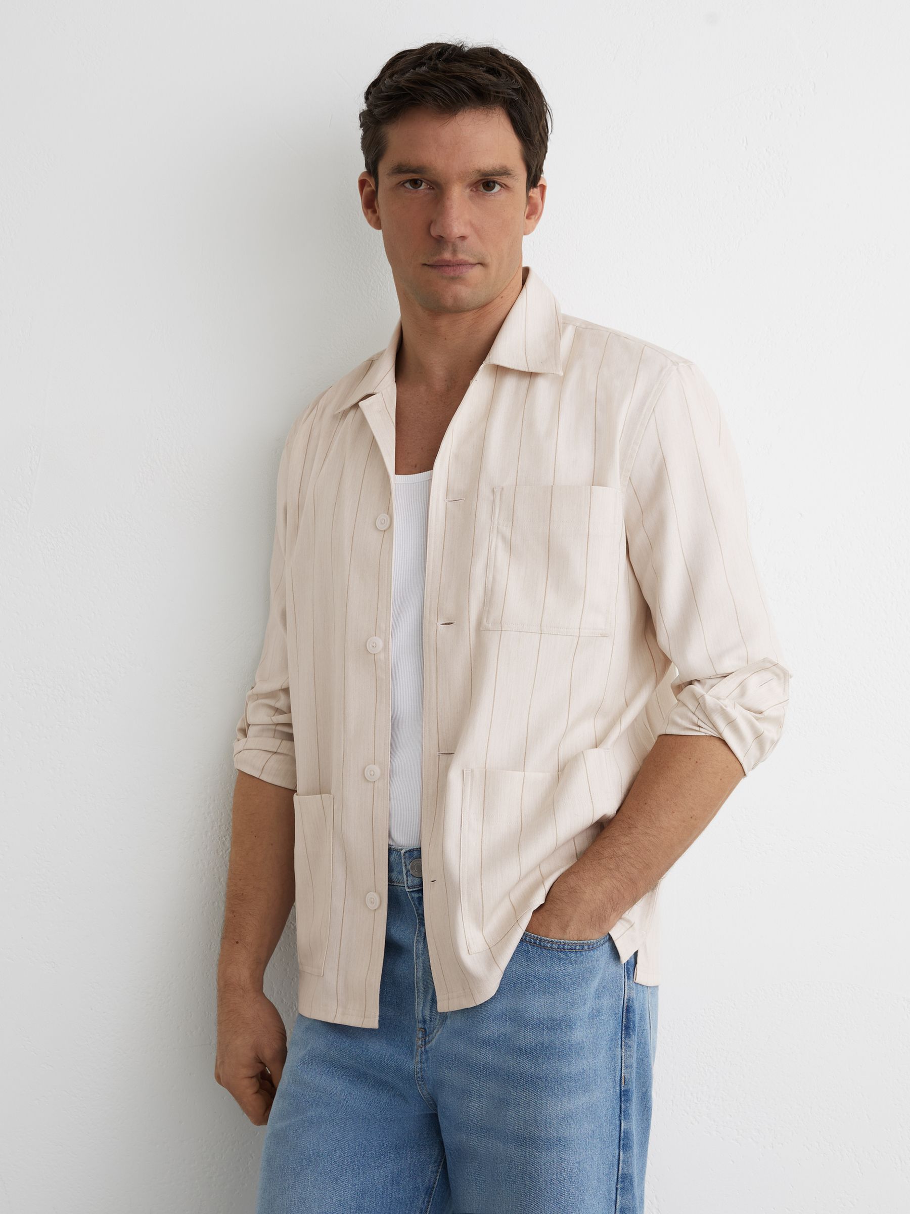 Pinstripe Button-Through Overshirt in Oatmeal - Image 5 of 7