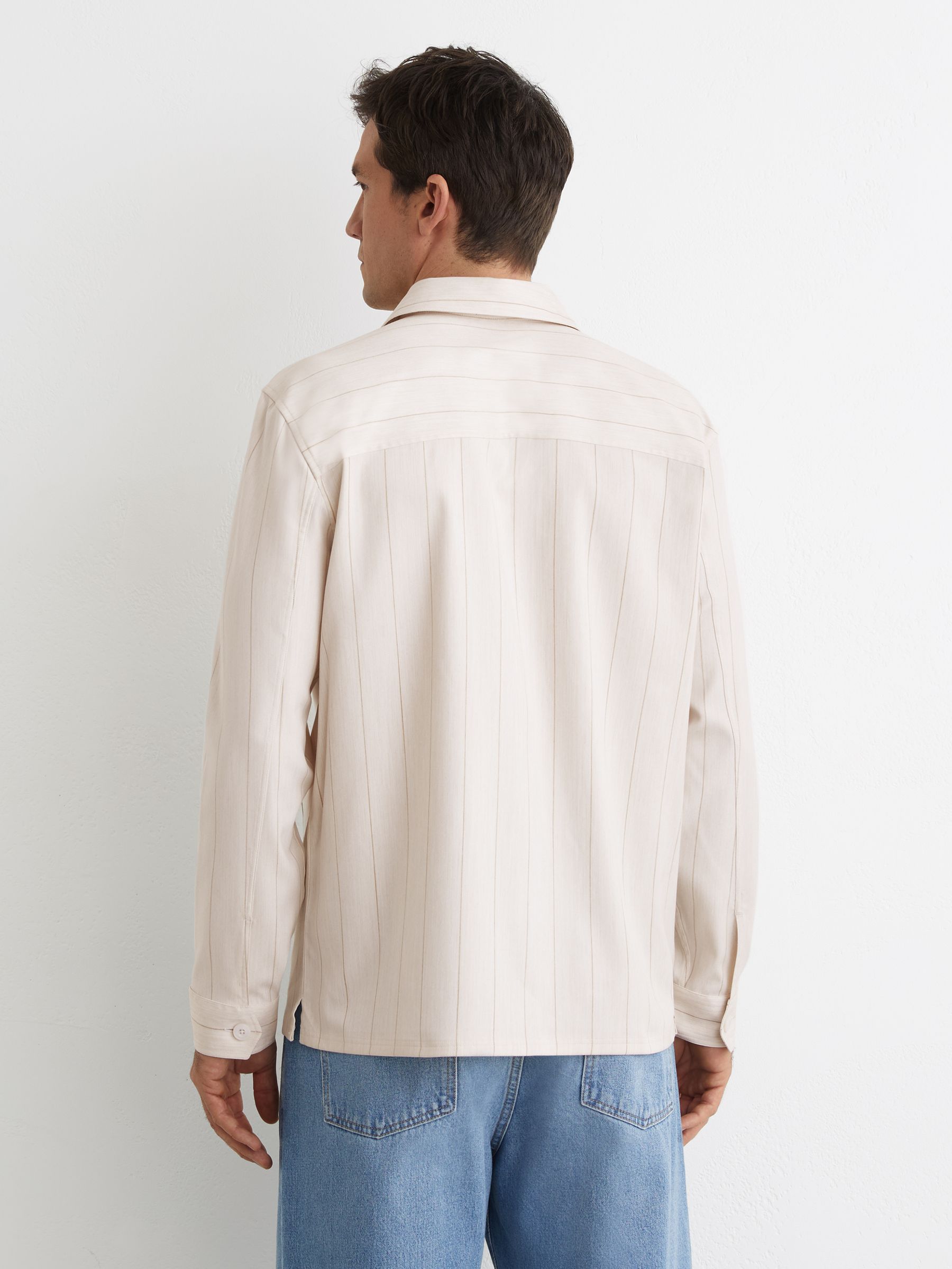 Pinstripe Button-Through Overshirt in Oatmeal - Image 6 of 7