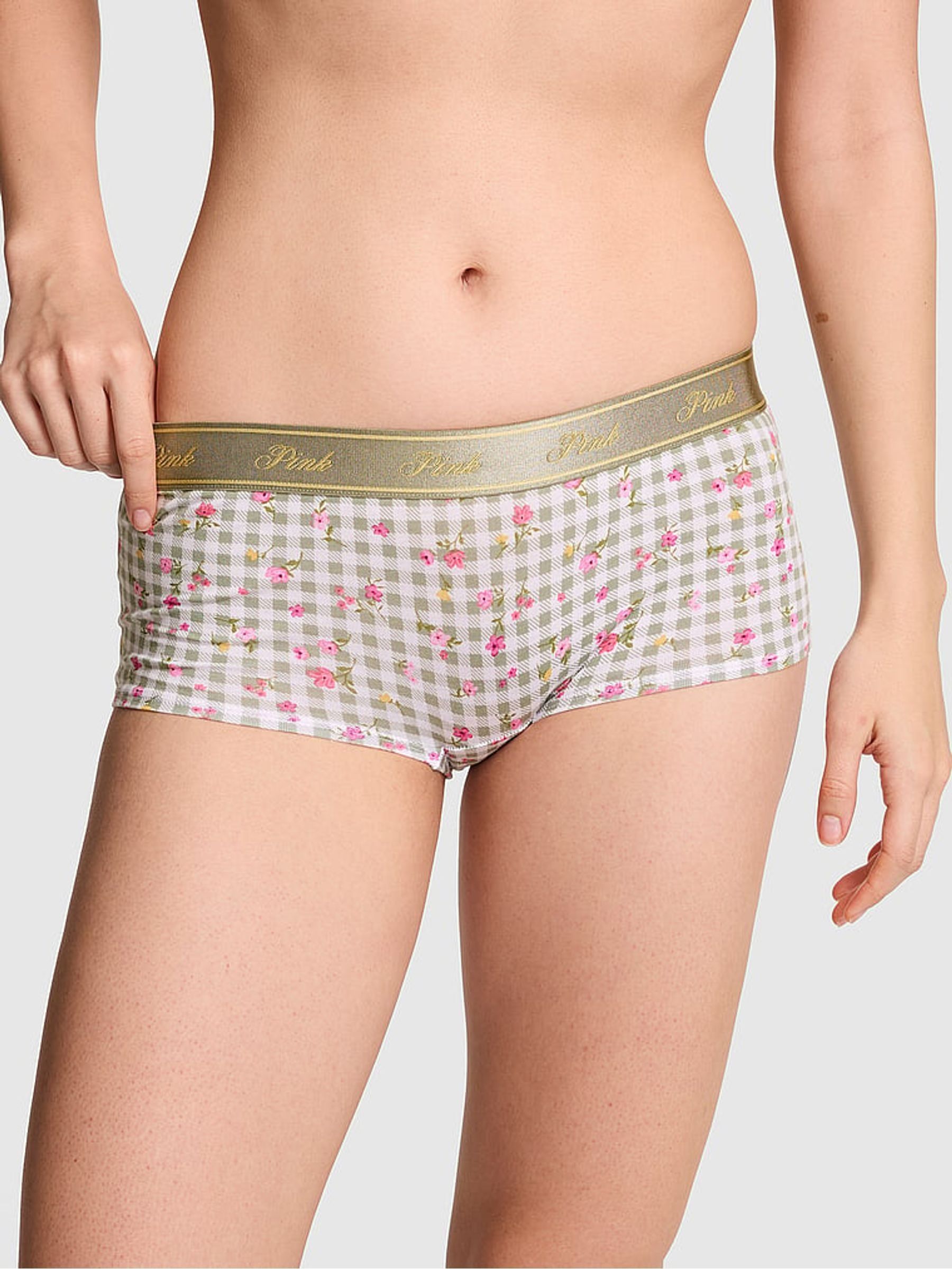 Green Gingham Floral Print Boyshort Cotton Logo Knickers - Image 1 of 2