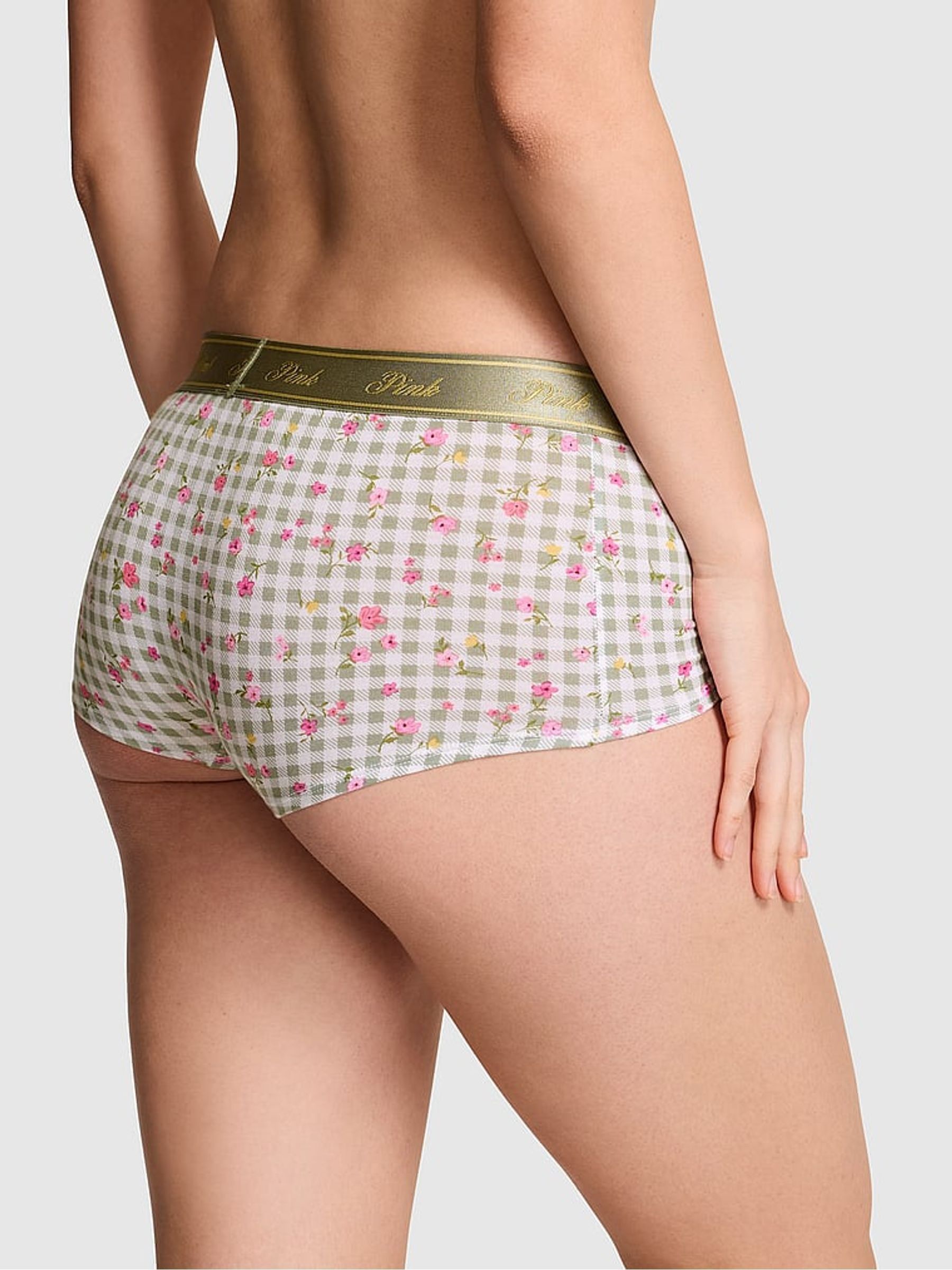 Green Gingham Floral Print Boyshort Cotton Logo Knickers - Image 2 of 2