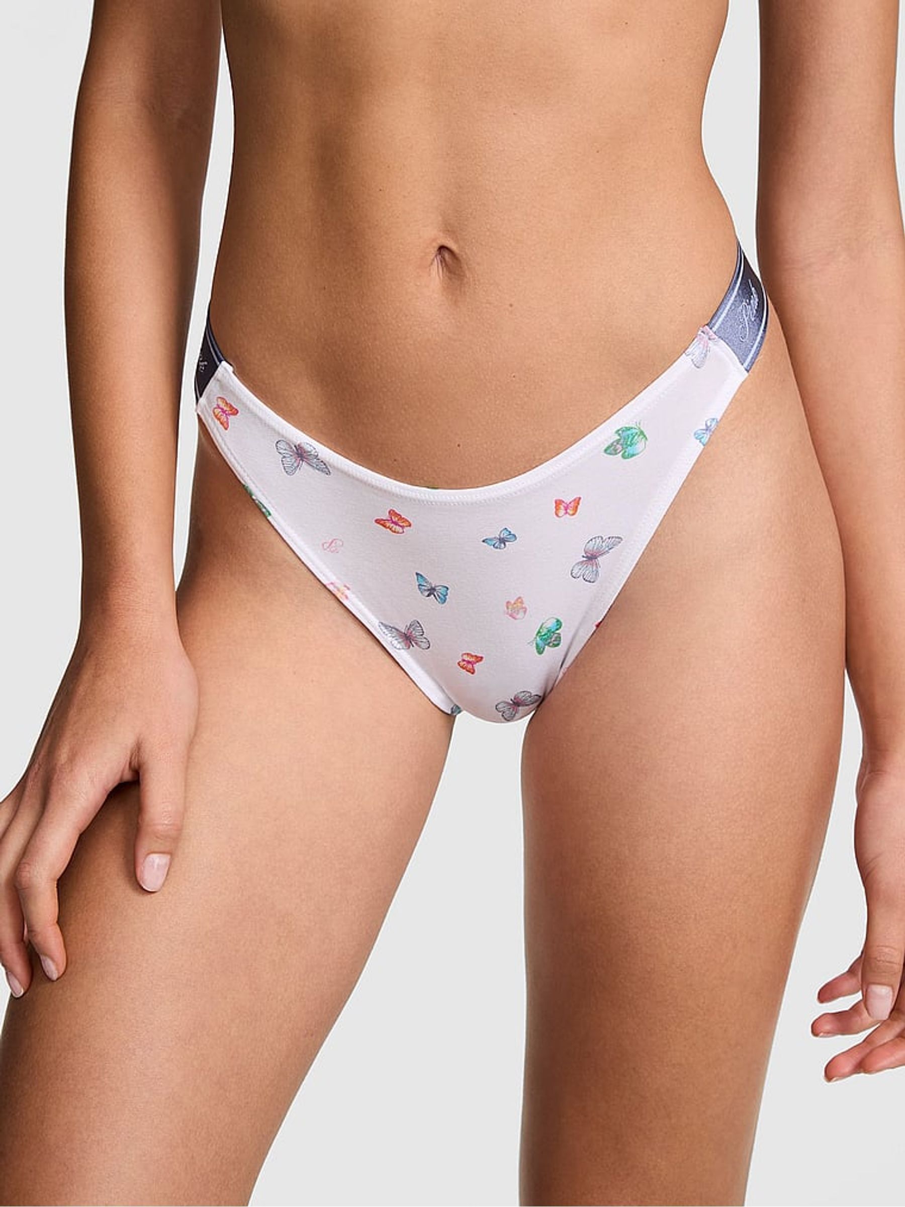 White Butterfly Print Thong Cotton Logo Knickers - Image 1 of 2 White Butterfly Print Thong Cotton Logo Knickers - Image 1 of 2