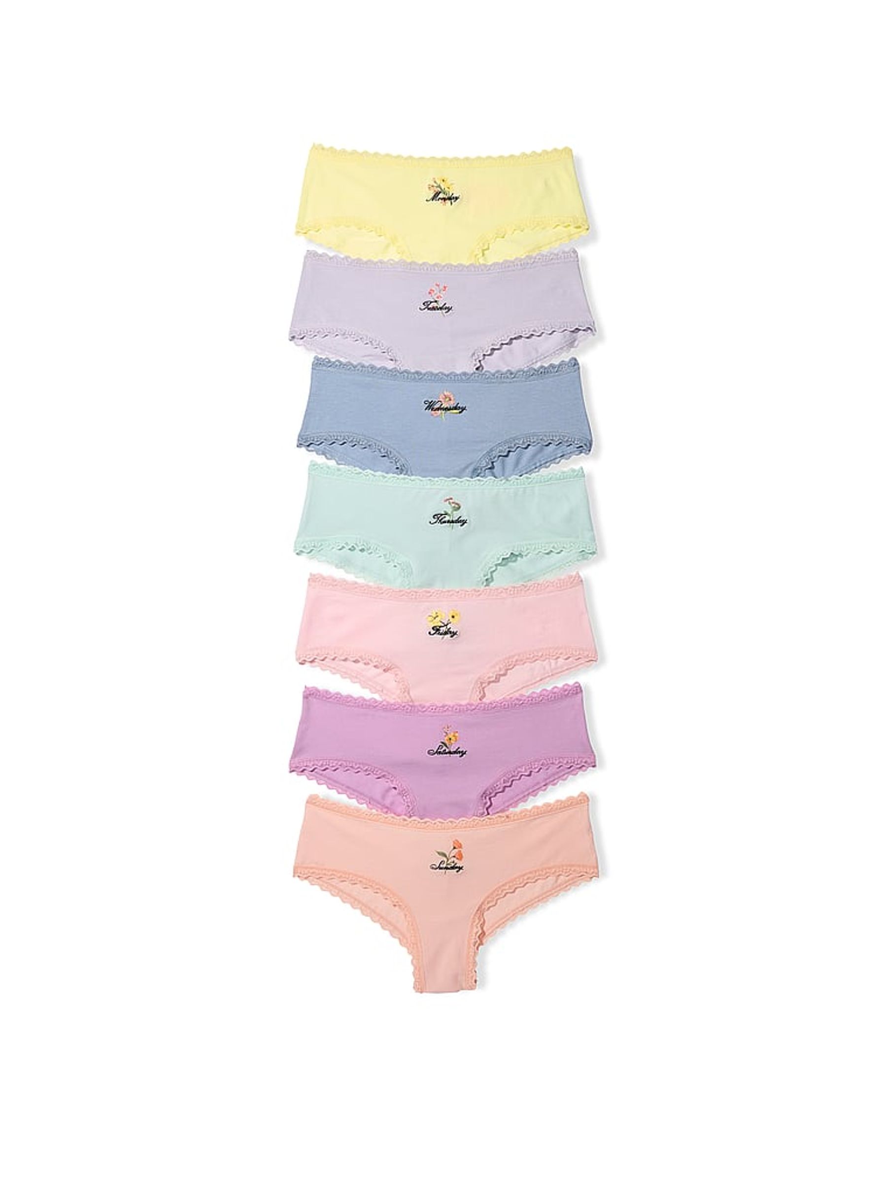 Yellow/Purple/Pink/Blue Cheeky 7 Pack Lace Trim Knickers - Image 1 of 1 Yellow/Purple/Pink/Blue Cheeky 7 Pack Lace Trim Knickers - Image 1 of 1