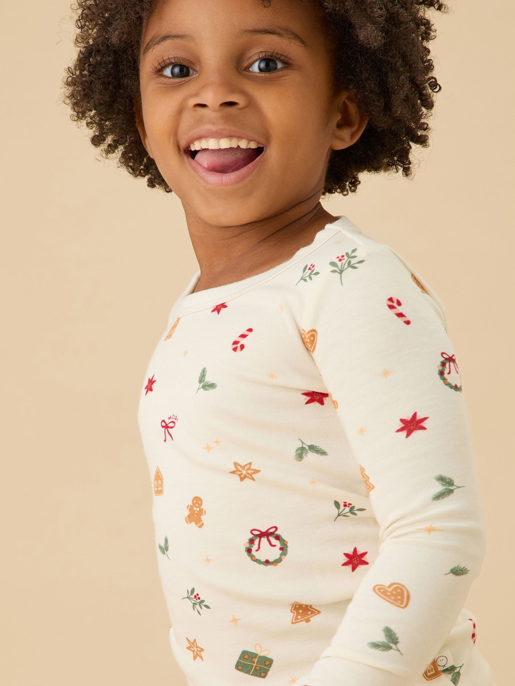 MORI White Christmas Print Supersoft 2 Piece Pyjama Set - Image 1 of 3