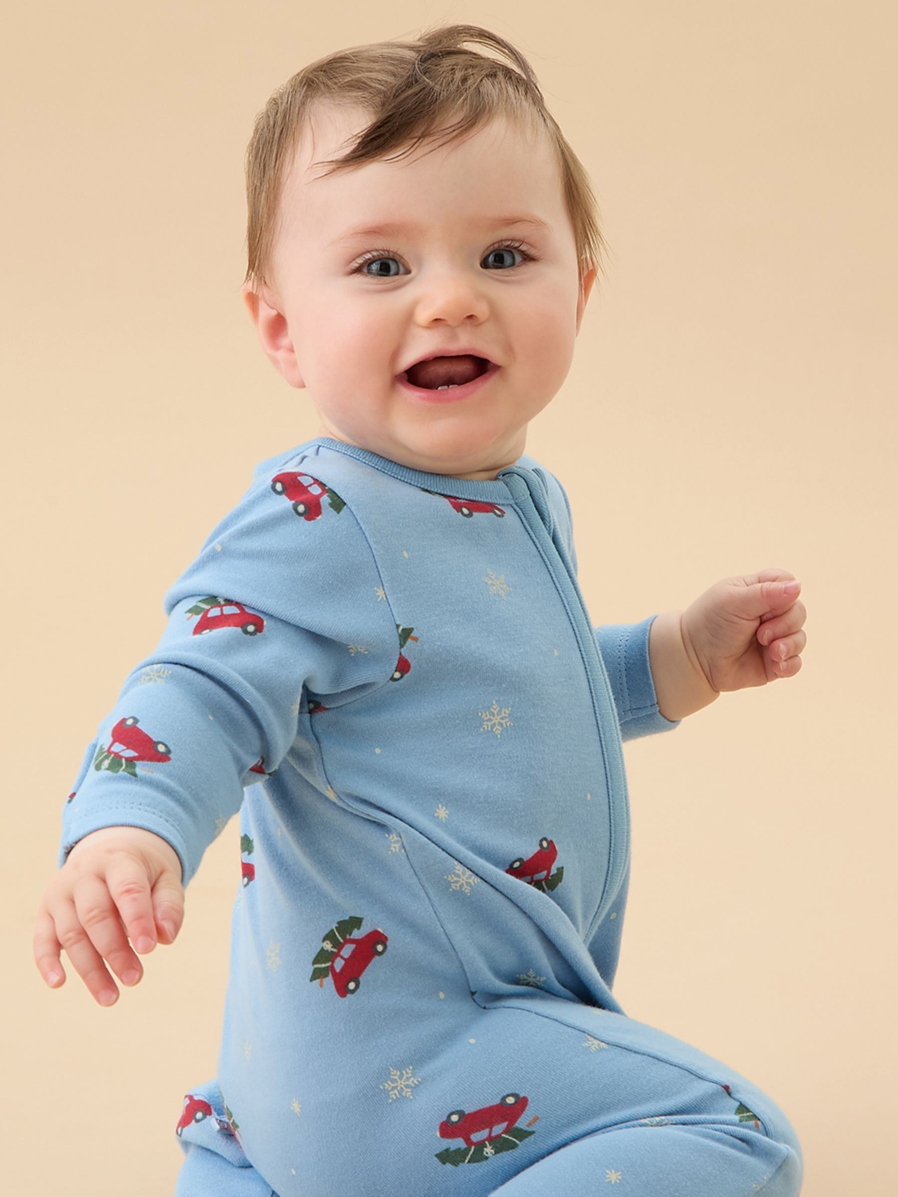 MORI Blue Snowy Car Supersoft Two Way Zip-Up Christmas Sleepsuit - Image 1 of 5