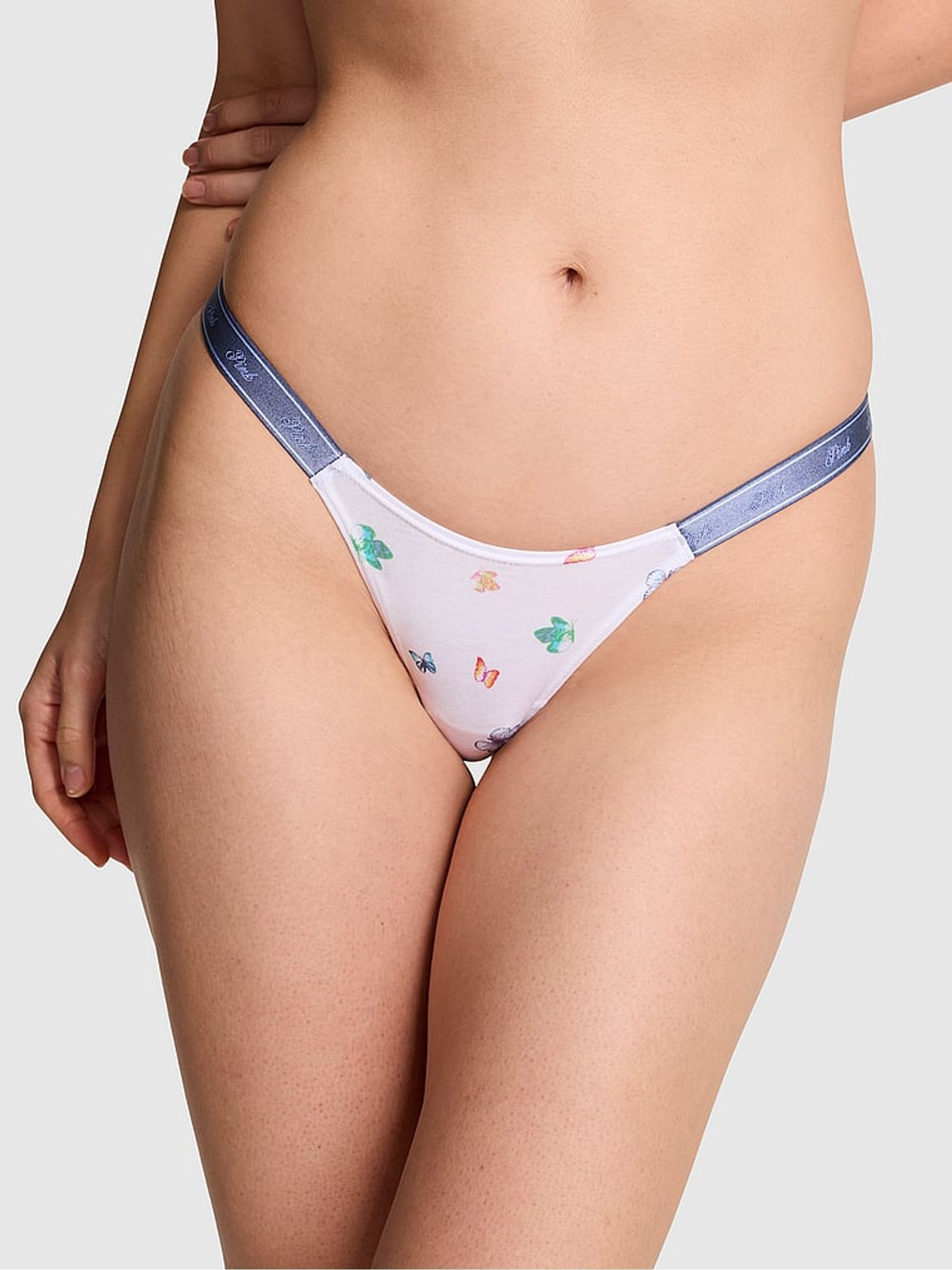White Butterfly Print Mini Scoop Thong Cotton Logo Knickers - Image 1 of 2