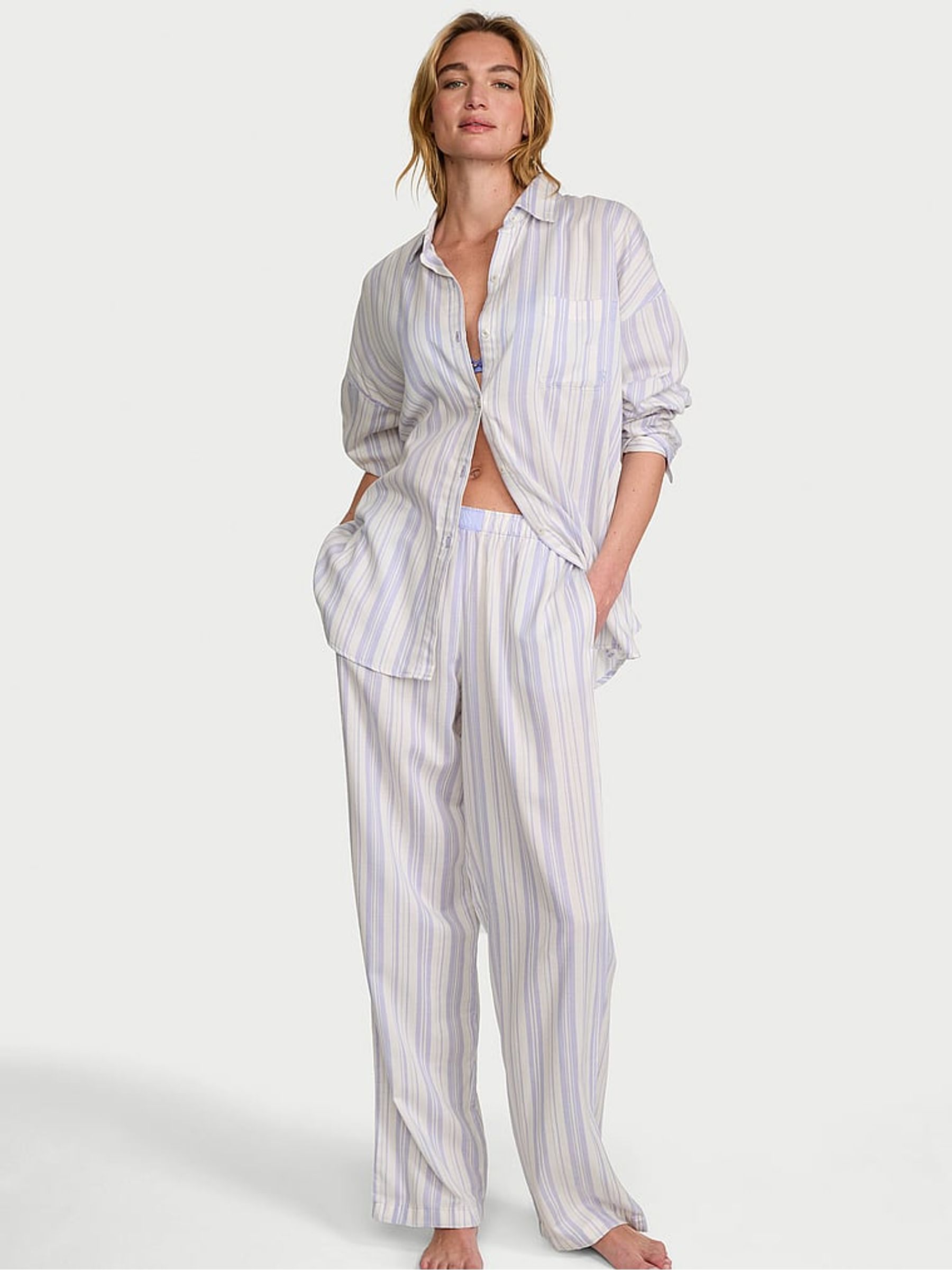 Lavender Purple Stripe Cotton Modal Long Pyjama Set - Image 1 of 2