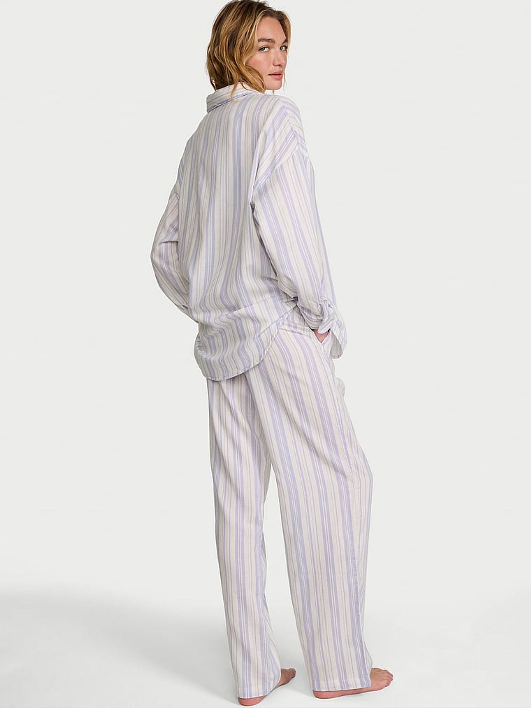 Lavender Purple Stripe Cotton Modal Long Pyjama Set - Image 2 of 2