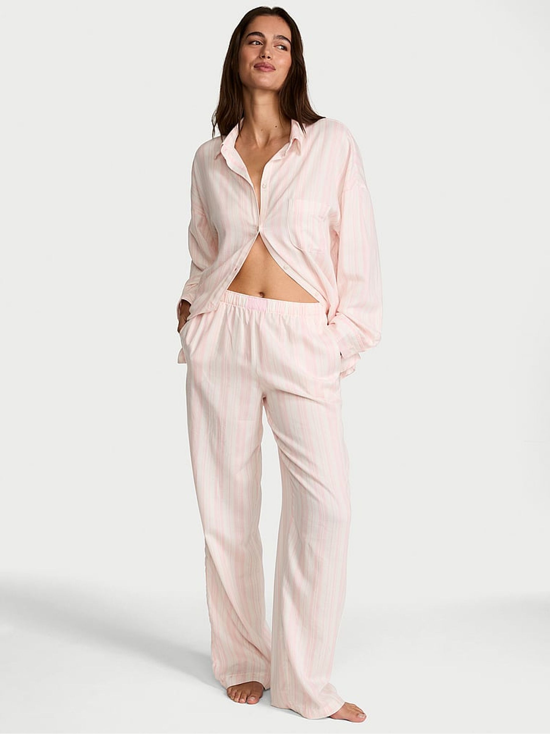 Pretty Blossom Pink Iconic Stripe Cotton Modal Long Pyjama Set - Image 1 of 2