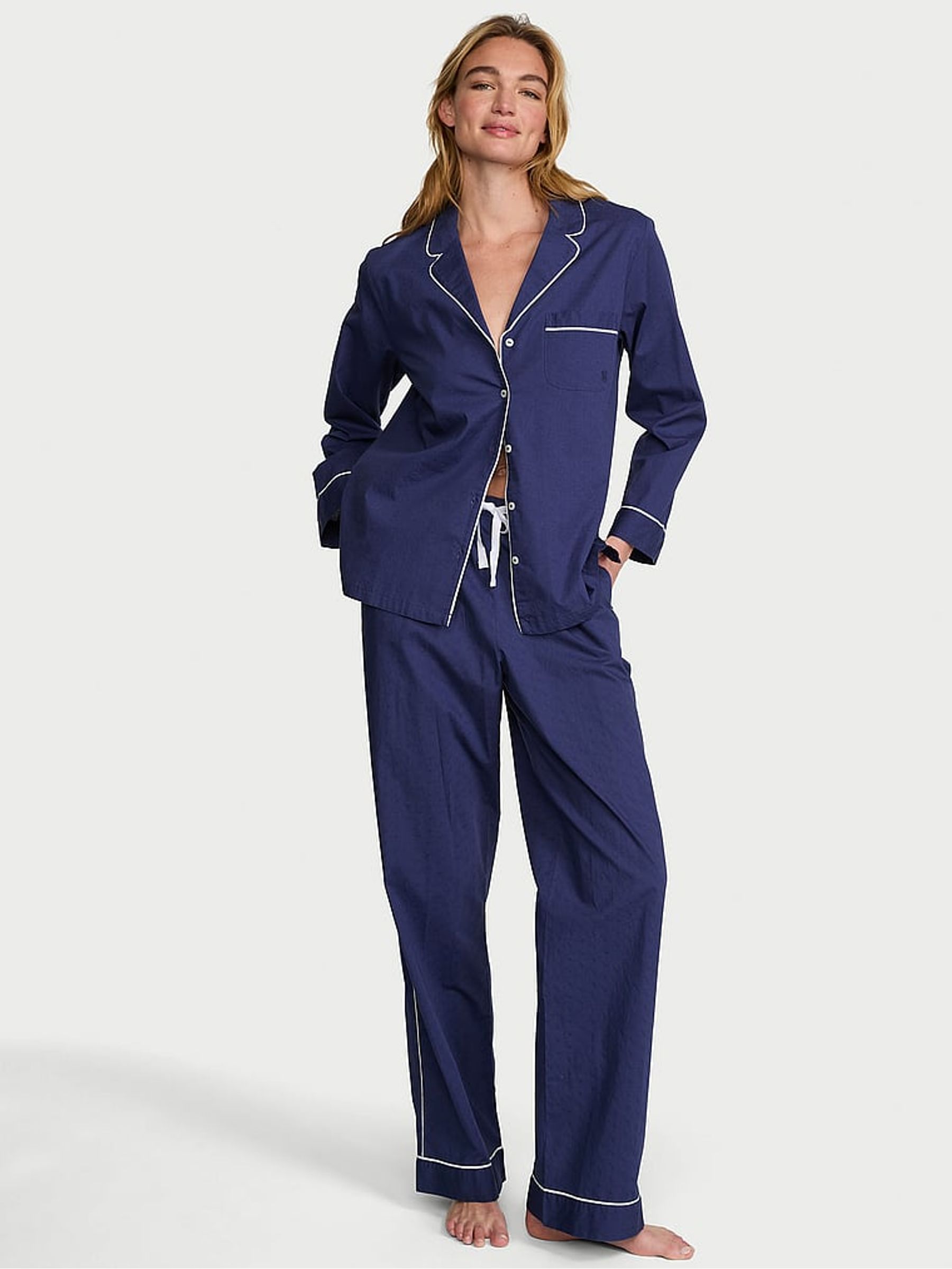 Ink Blue Dot Cotton Long Pyjama Set - Image 1 of 2
