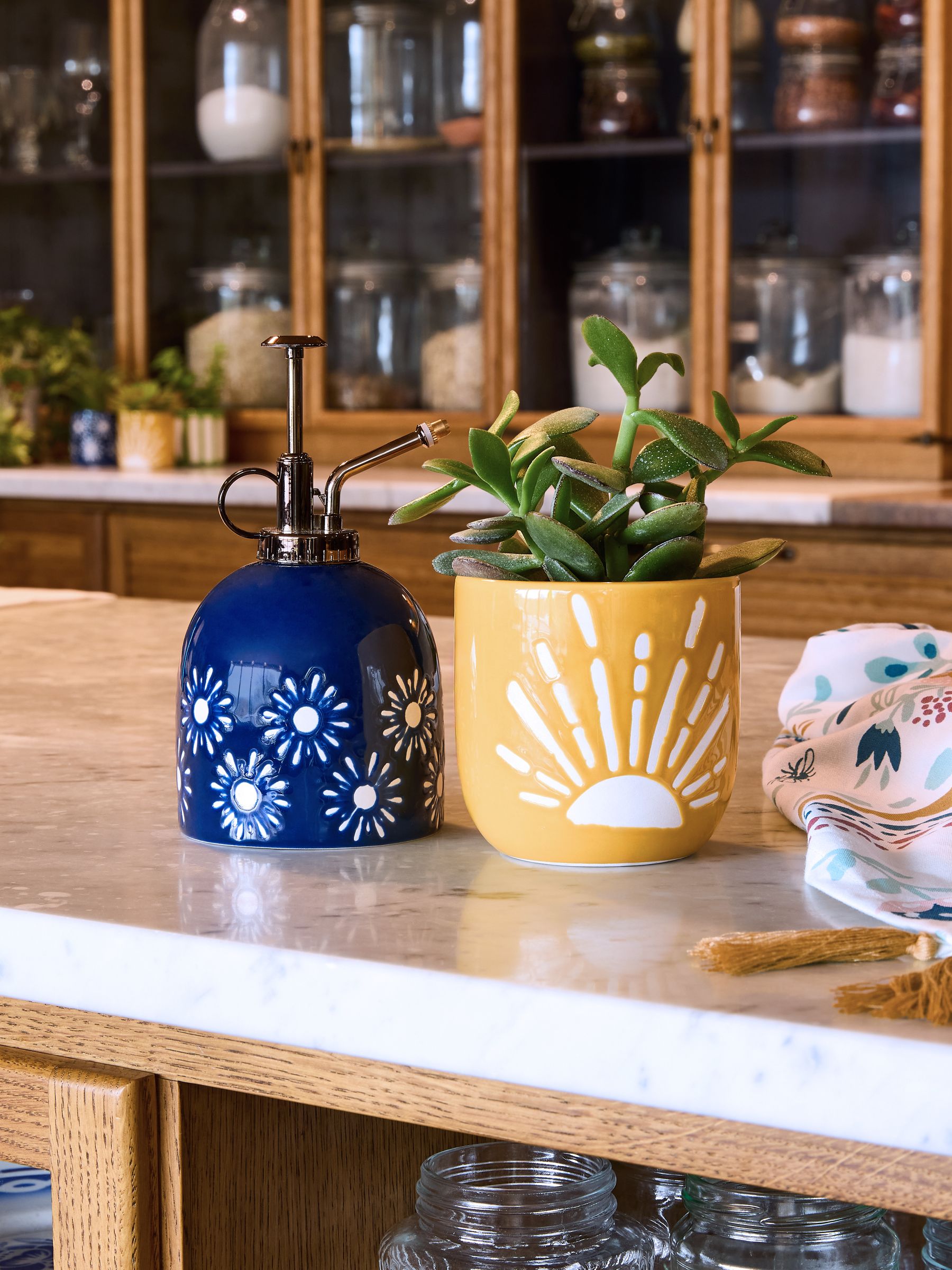 Set of 2 Blue Yellow Planter and Mister Set - Image 1 of 6