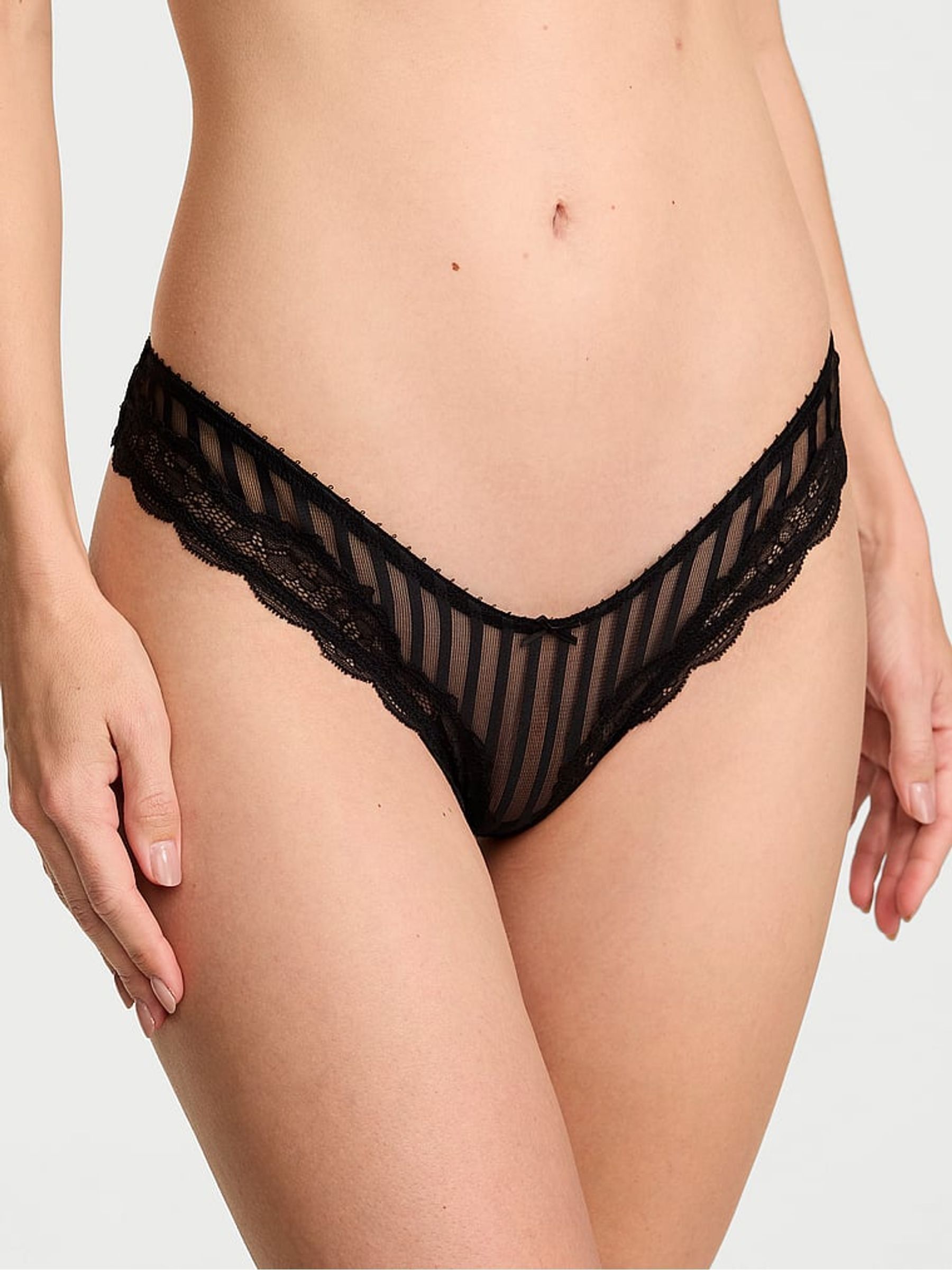 Black Thong Striped Lace Knickers - Image 1 of 3