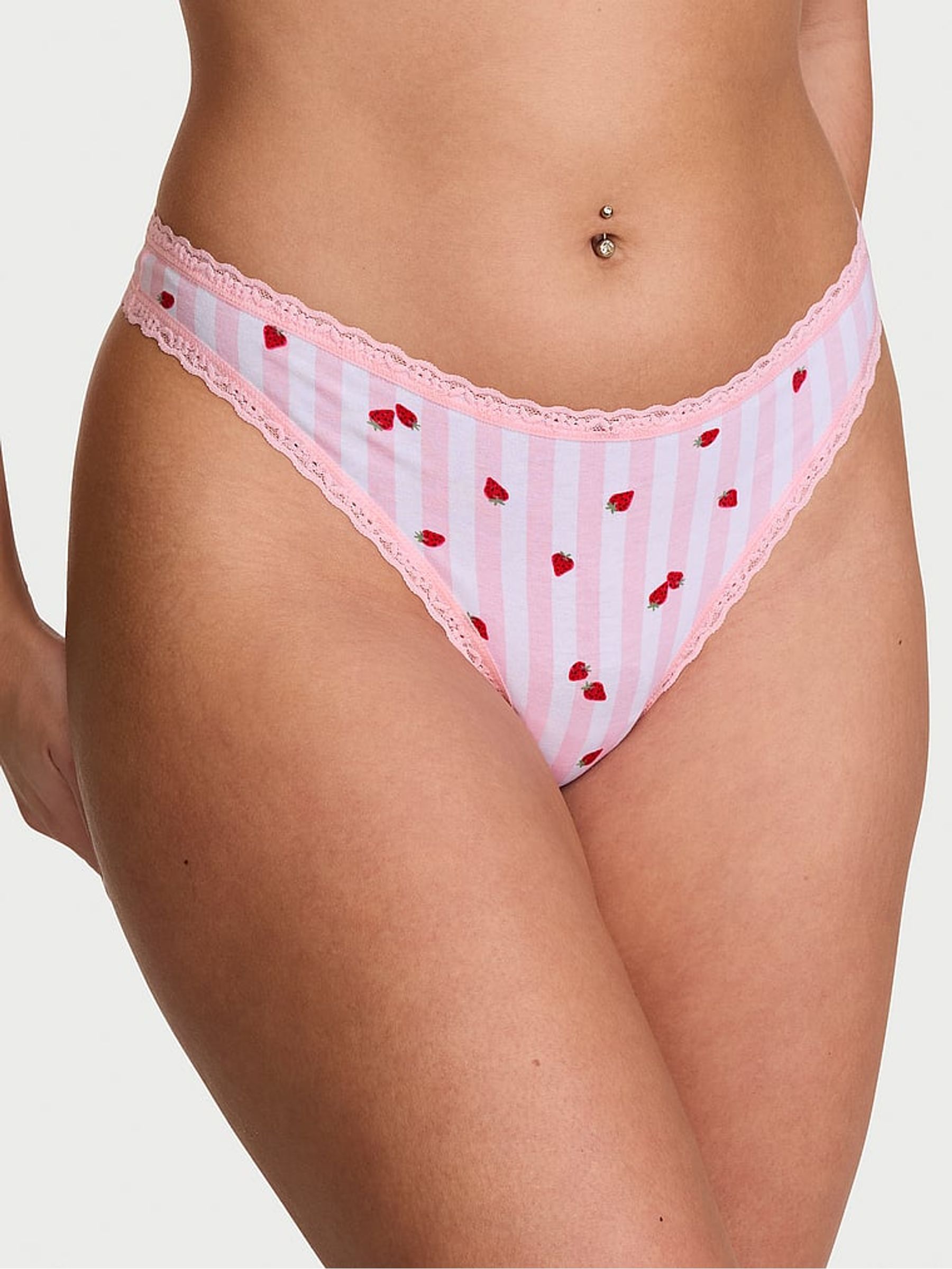 Pink Strawberry Thong Cotton Lace Trim Knickers - Image 1 of 2