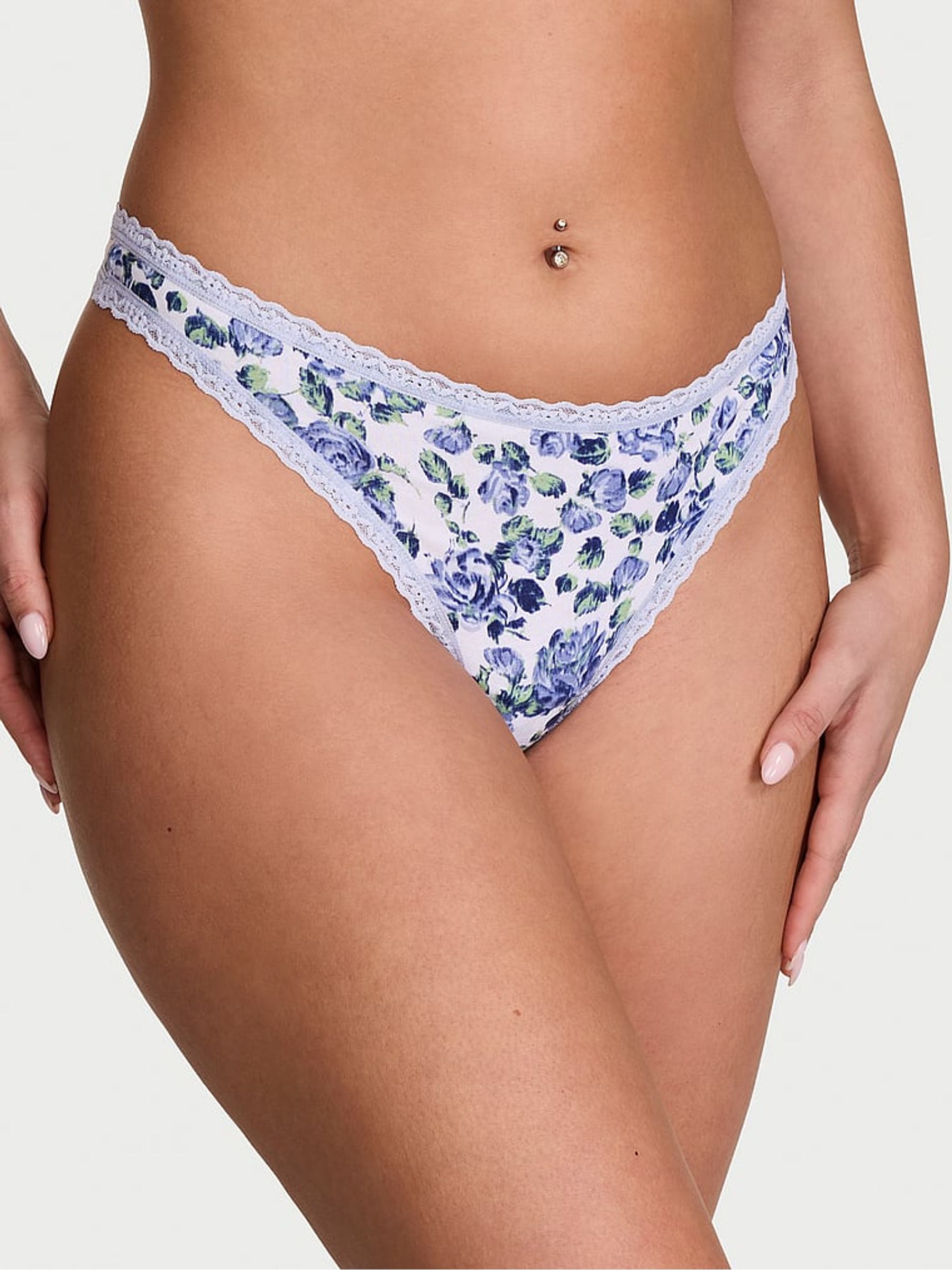 Lavender Purple Floral Thong Cotton Lace Trim Knickers - Image 1 of 2