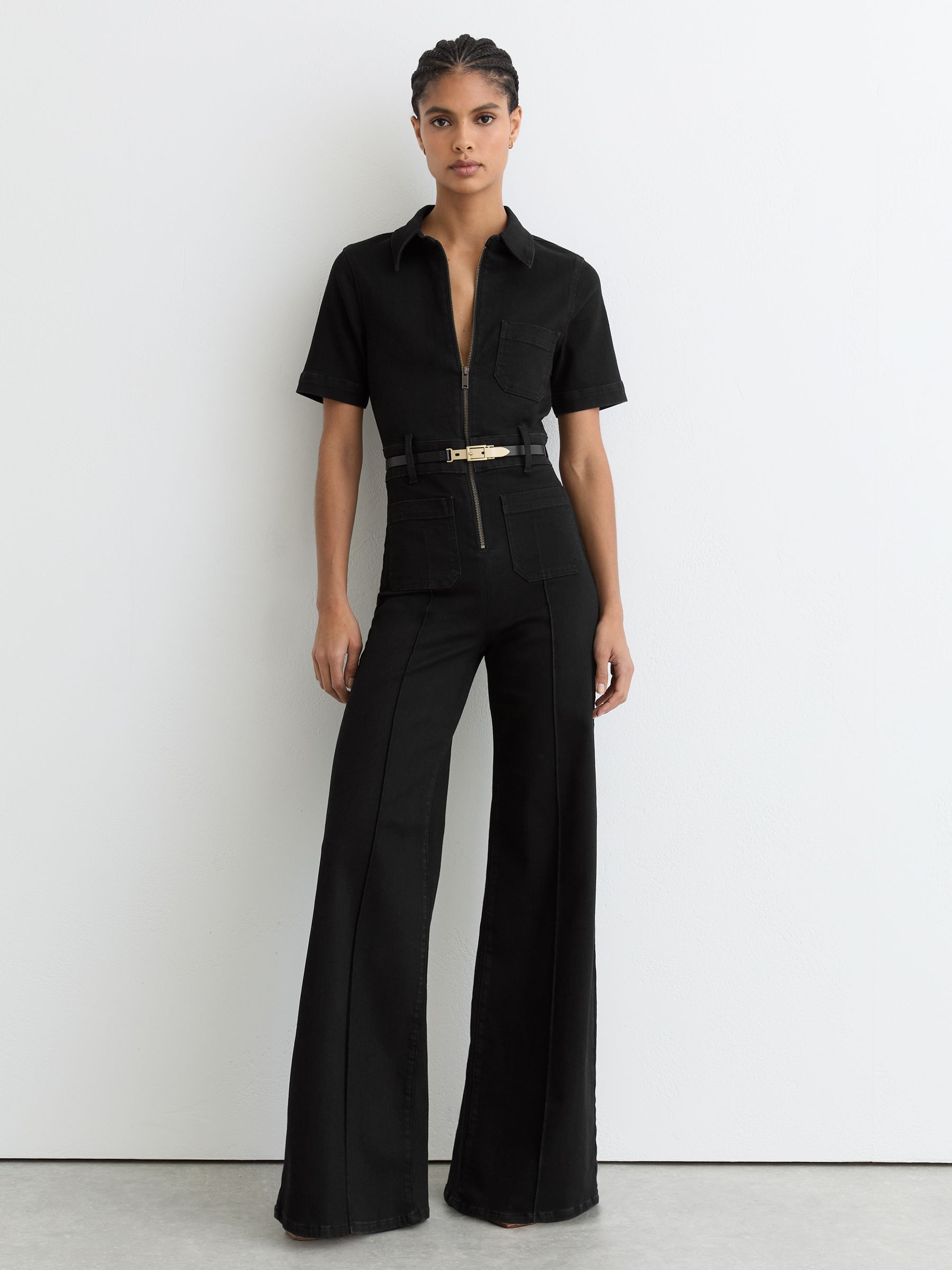 Wide-Leg Zip-Through Denim Jumpsuit in Black