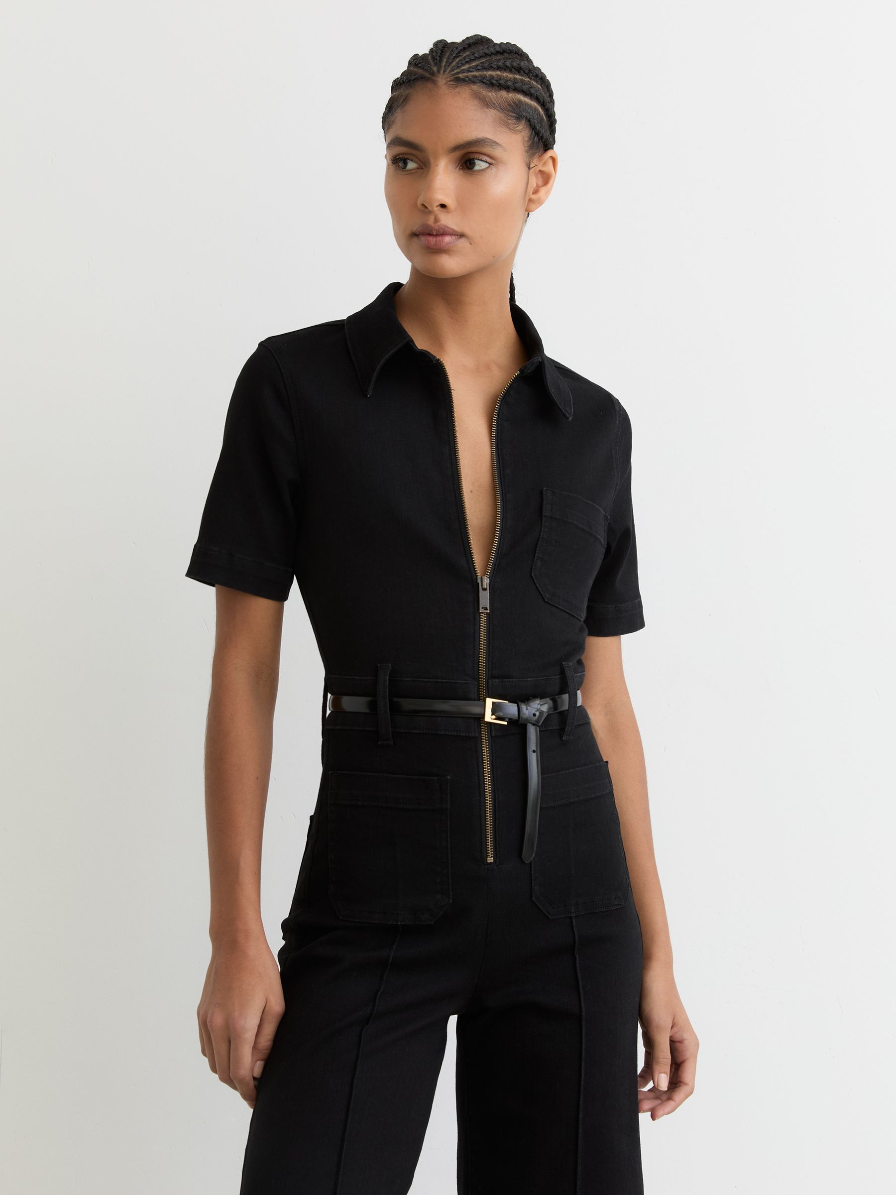 Wide-Leg Zip-Through Denim Jumpsuit in Black - image 3