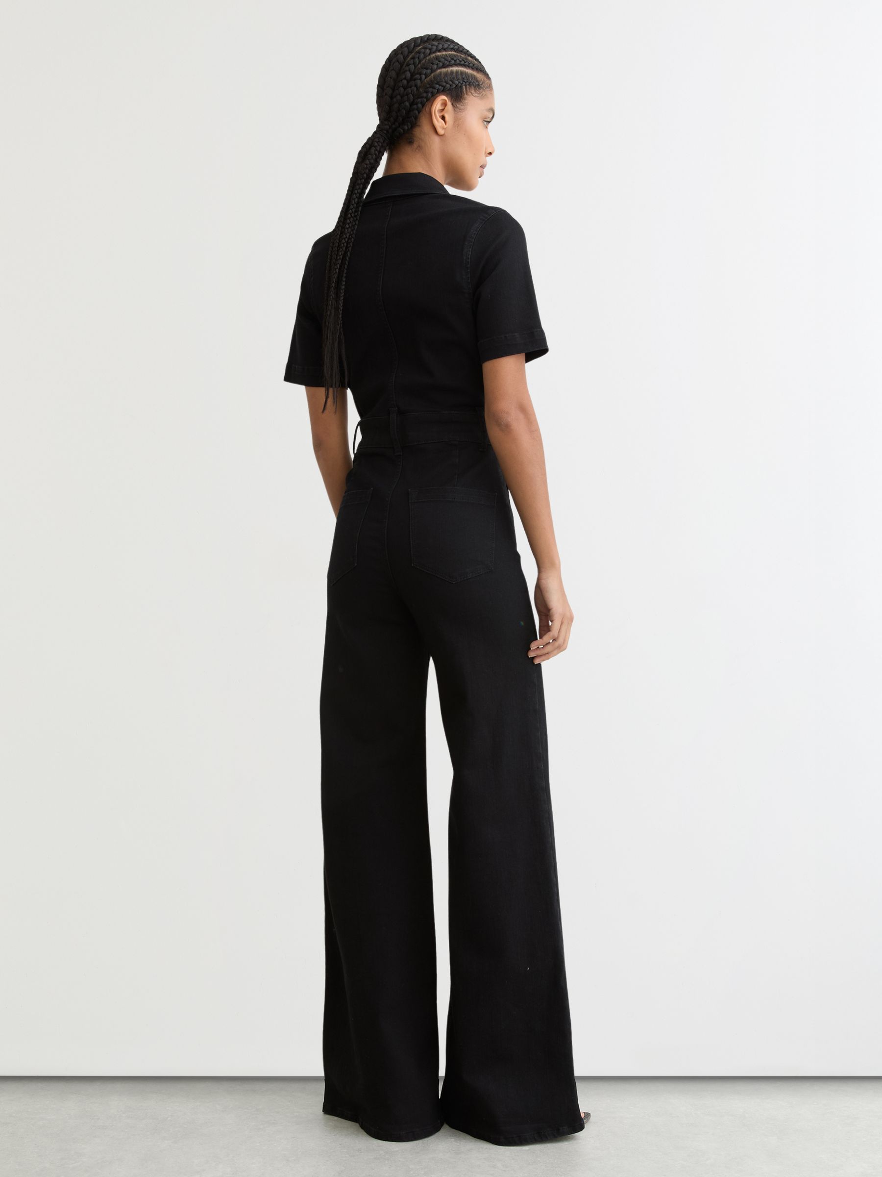 Wide-Leg Zip-Through Denim Jumpsuit in Black - Image 5 of 6