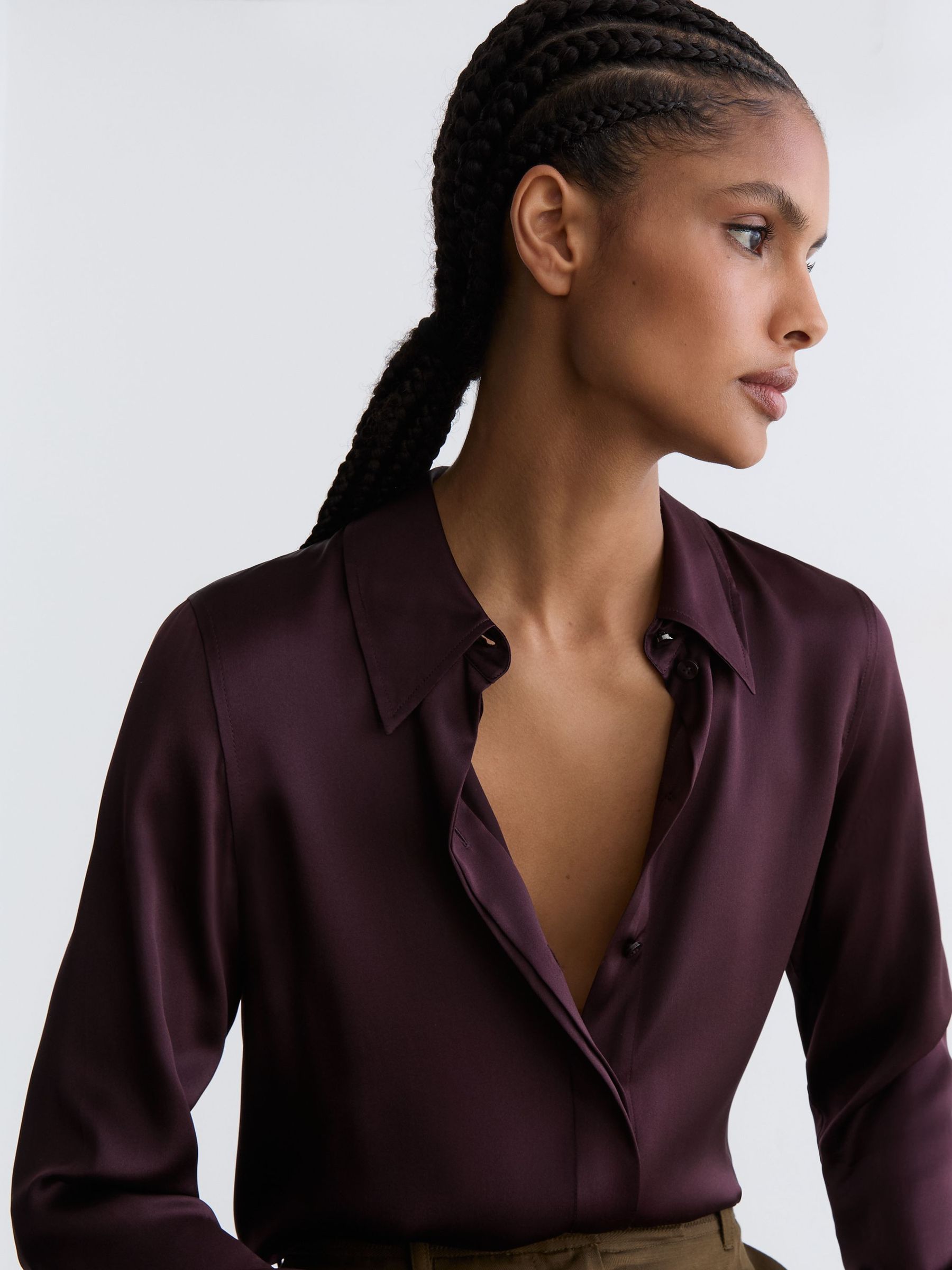Silk-Satin Concealed-Placket Shirt in Burgundy - image 2