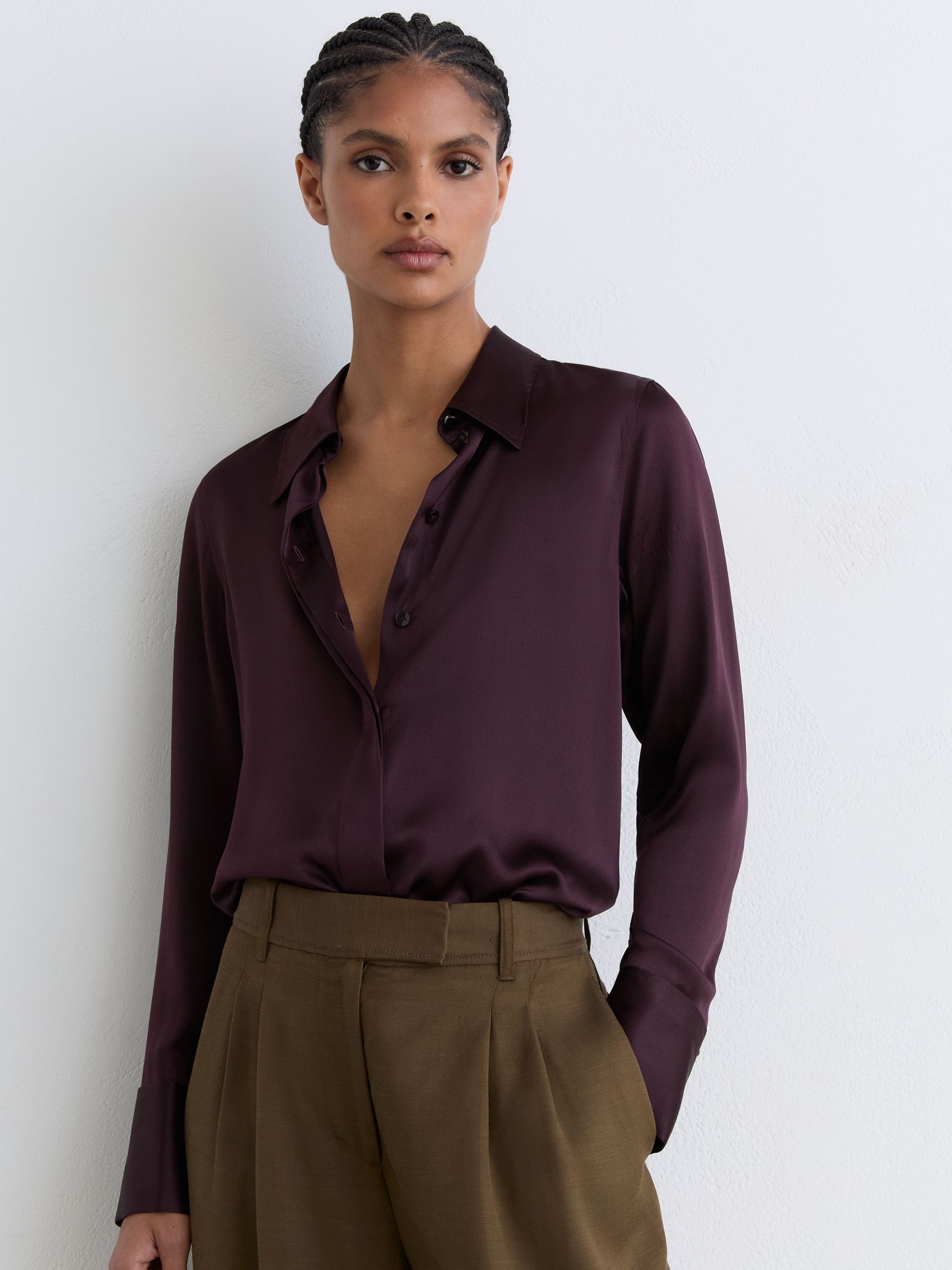 Silk-Satin Concealed-Placket Shirt in Burgundy - image 3