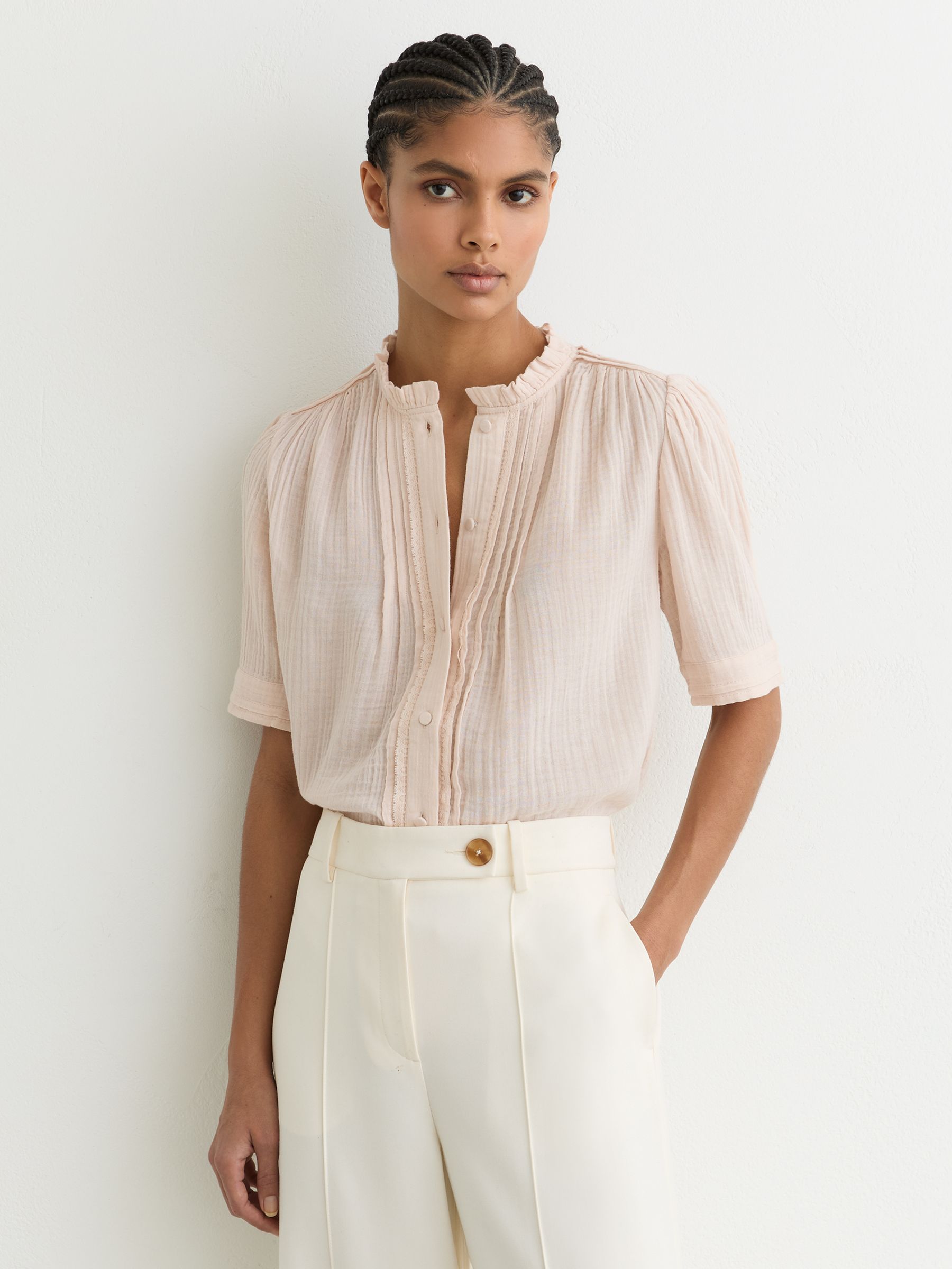 Cotton Cheesecloth Frill-Neck Top in Pale Pink - image 2
