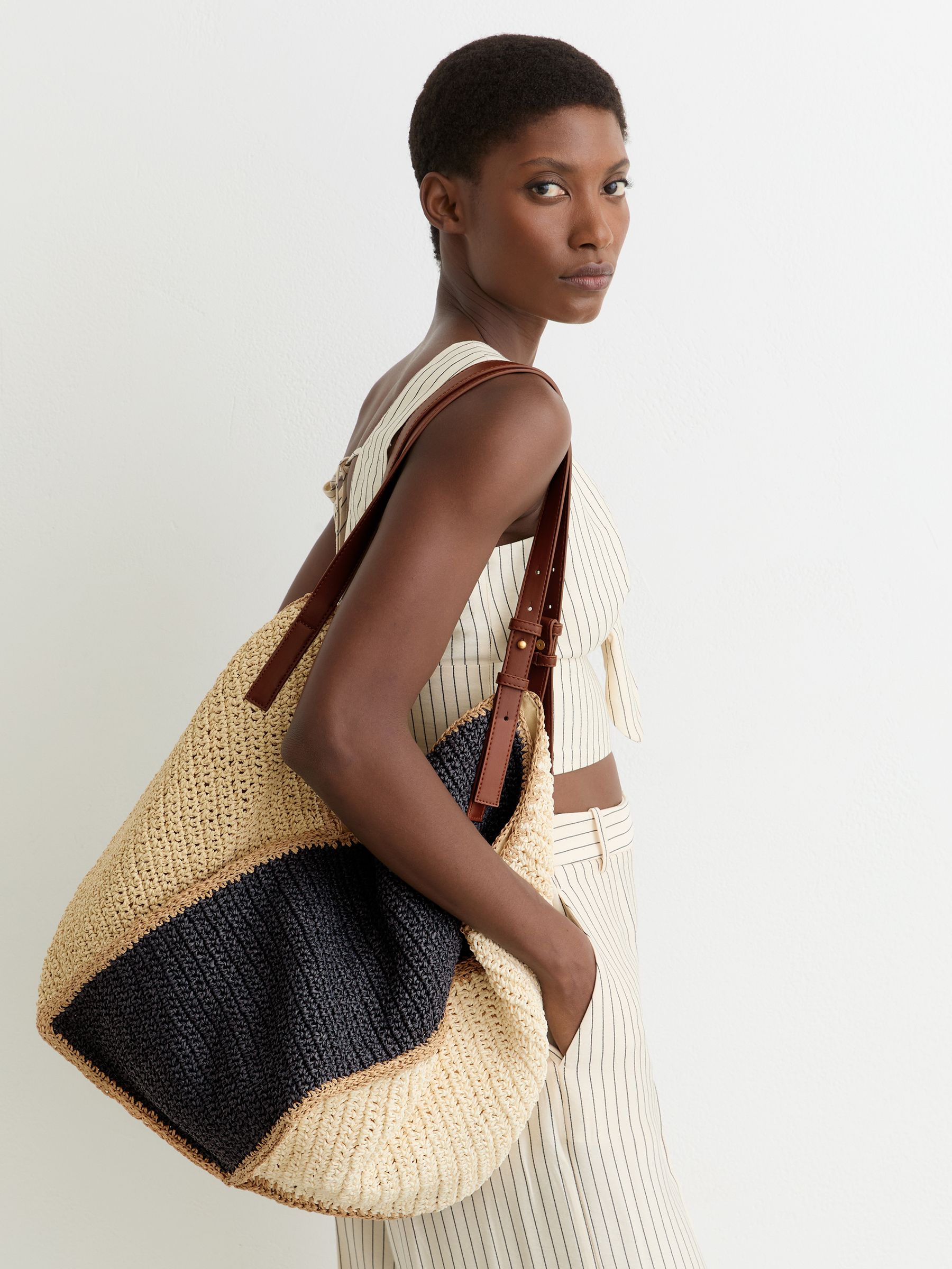 Raffia-Effect Contrast-Panel Tote Bag in Navy - Image 1 of 6